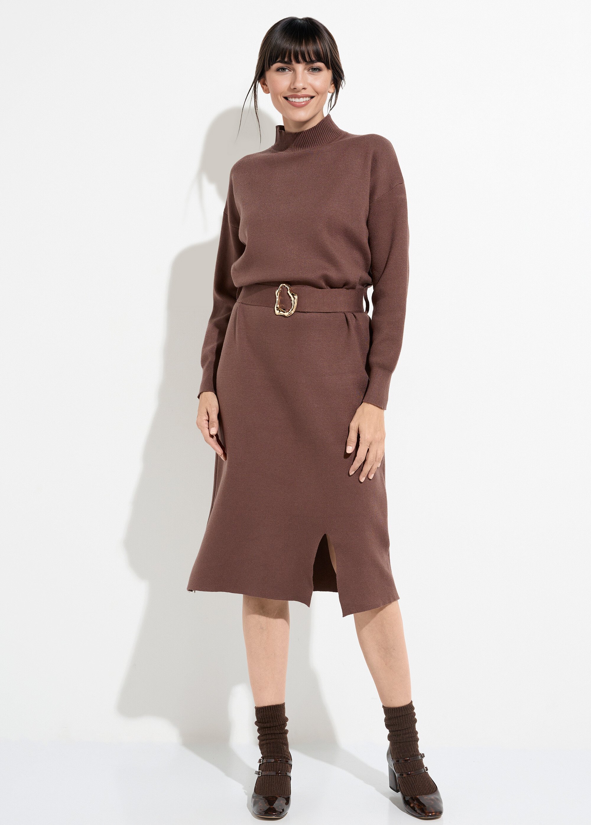 Robe pull col montant ceinture métal Femme Marron MQ-H8801 FA1