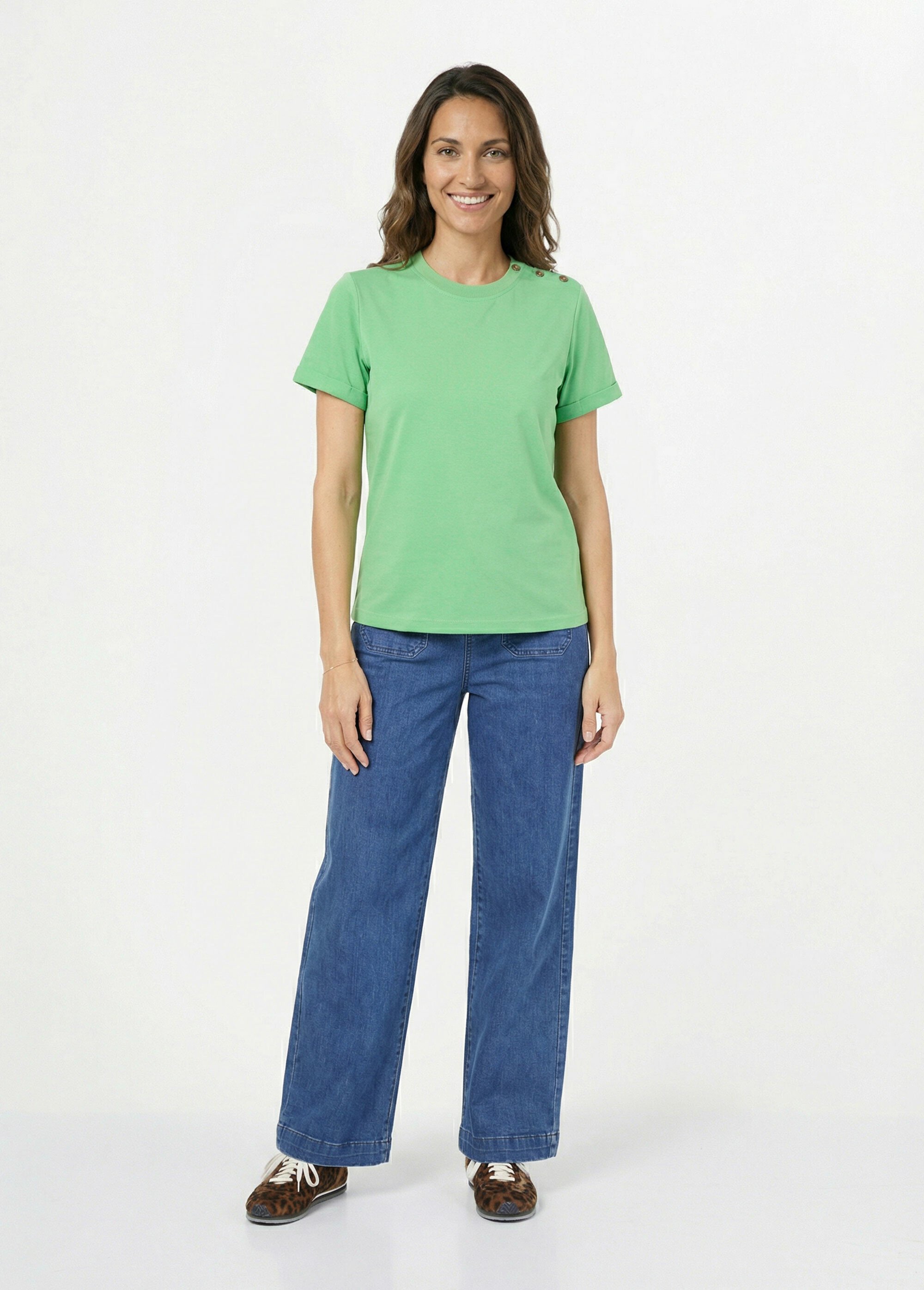 T-shirt col rond avec épaule boutonnée Femme Vert IA-M1307 SF1