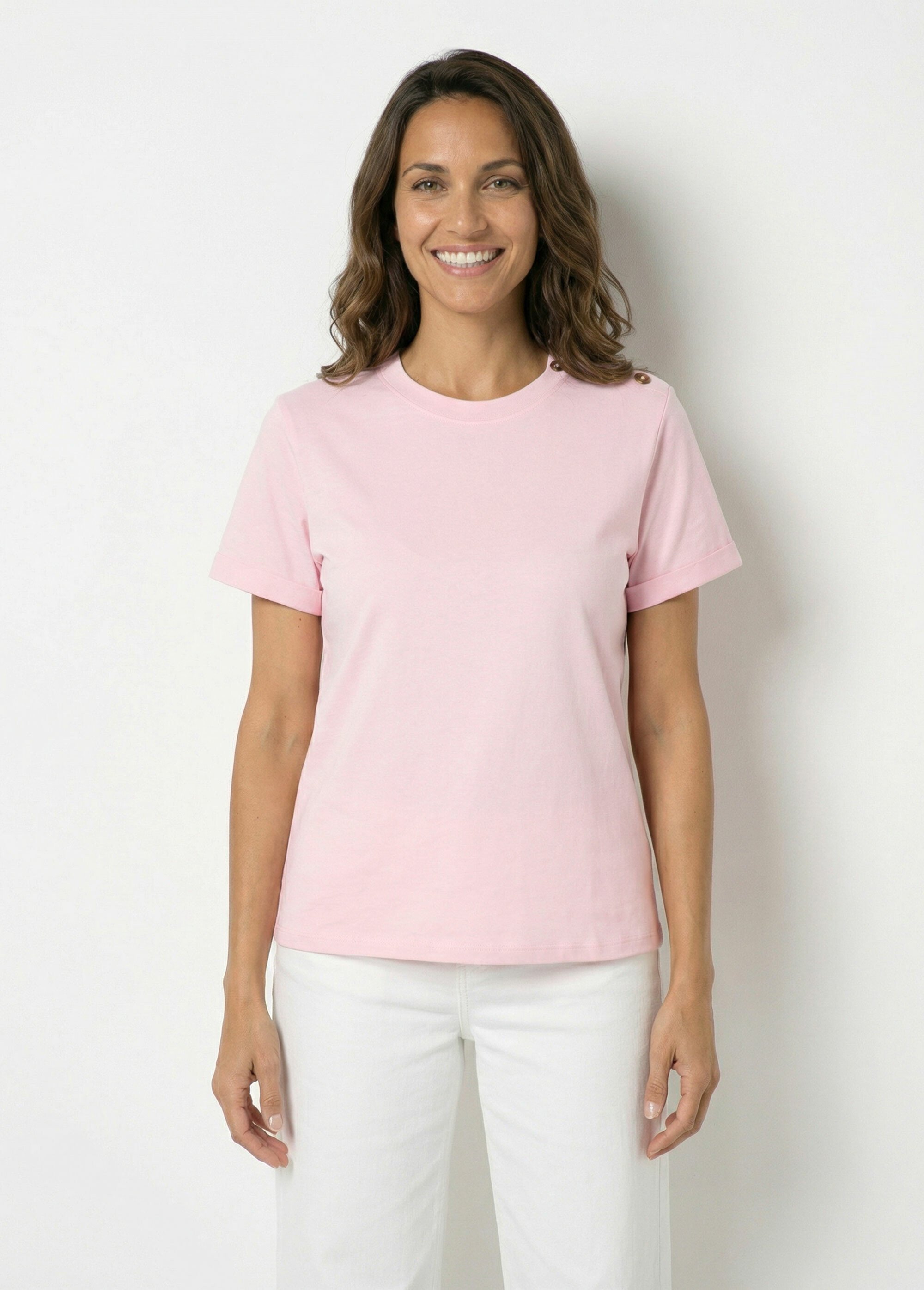 T-shirt col rond avec épaule boutonnée Femme Rose IA-M1307 FA1