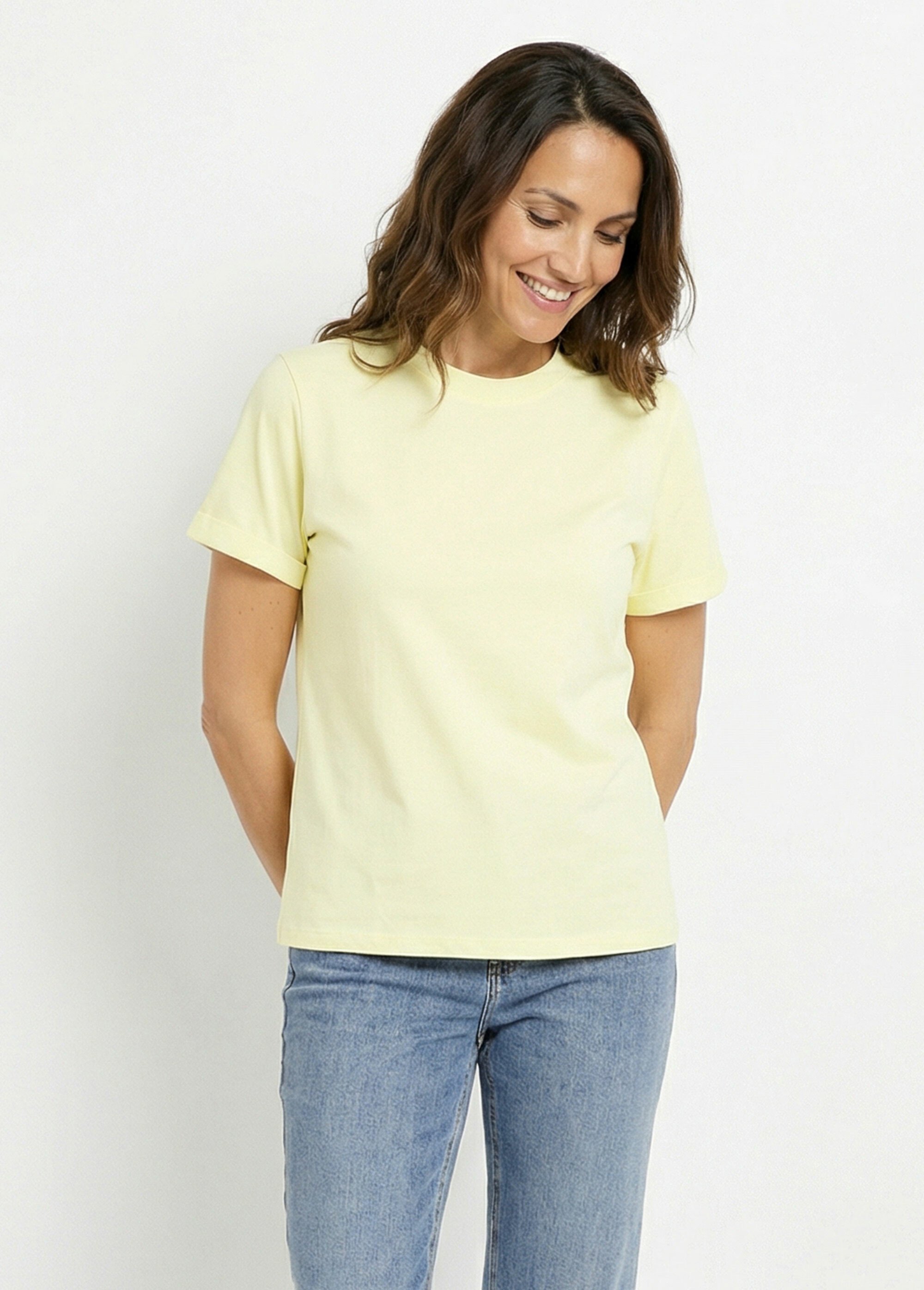 T-shirt col rond avec épaule boutonnée Femme Jaune IA-M1307 FA1