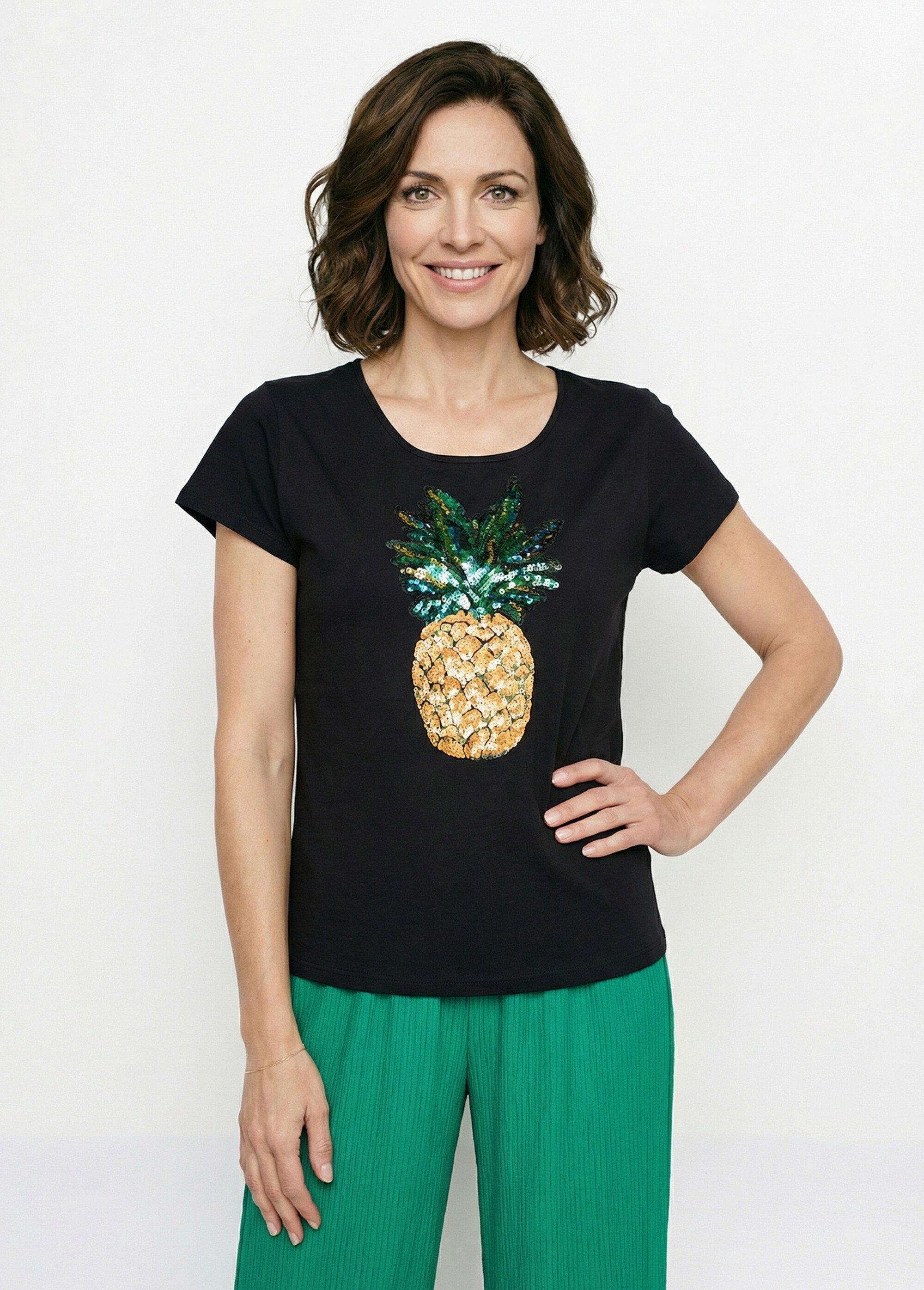 T-shirt coton ananas sequins Femme Noir CICADA FA1