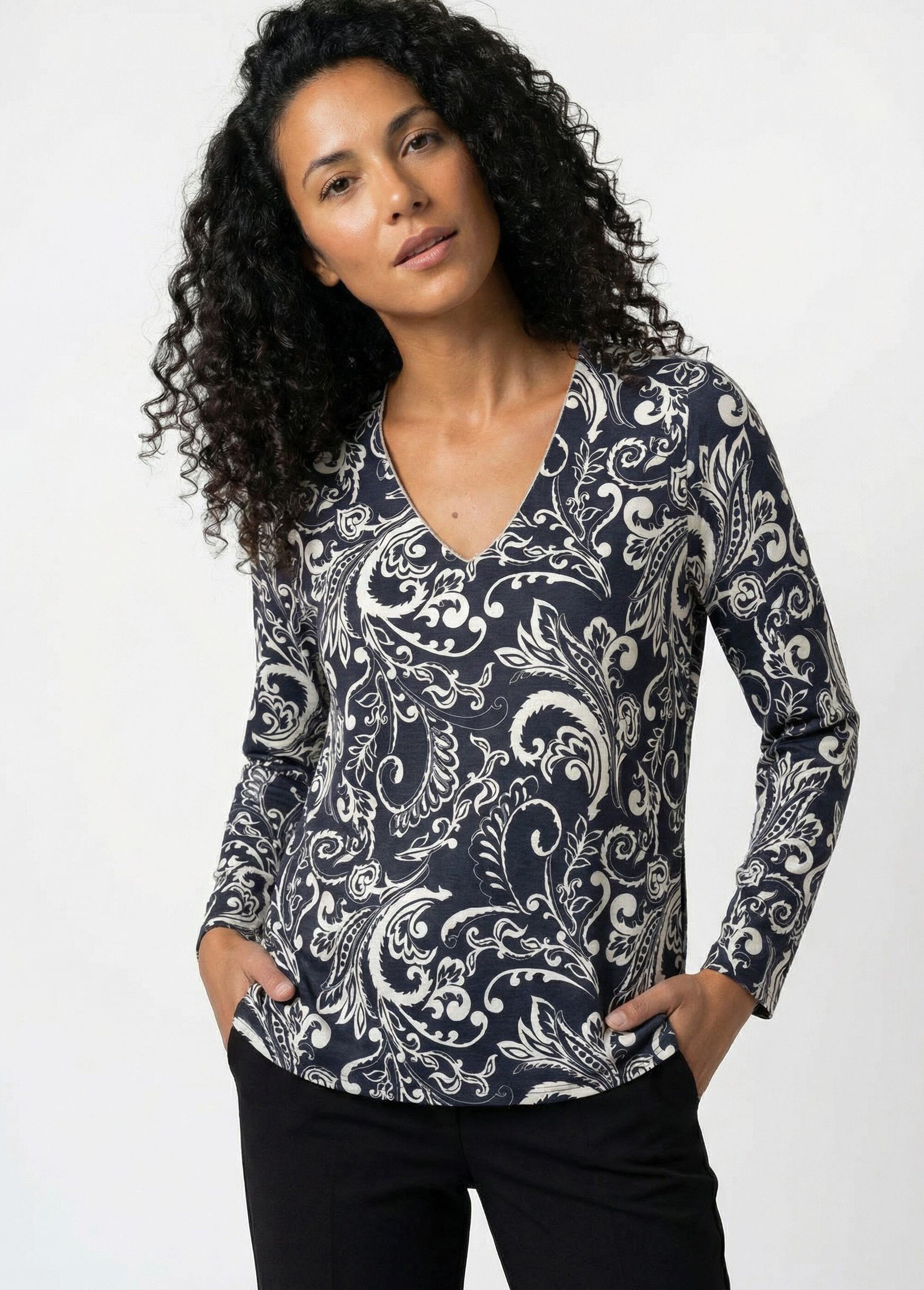 Tunique col V imprimée manches longues Femme Noir CAVRELLE MV1