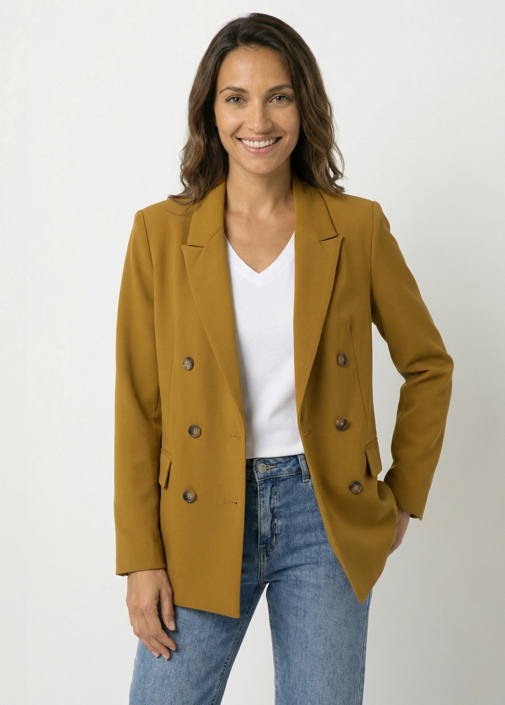 Veste blazer longue, double boutonnage Femme Vert IA-D583 FA1
