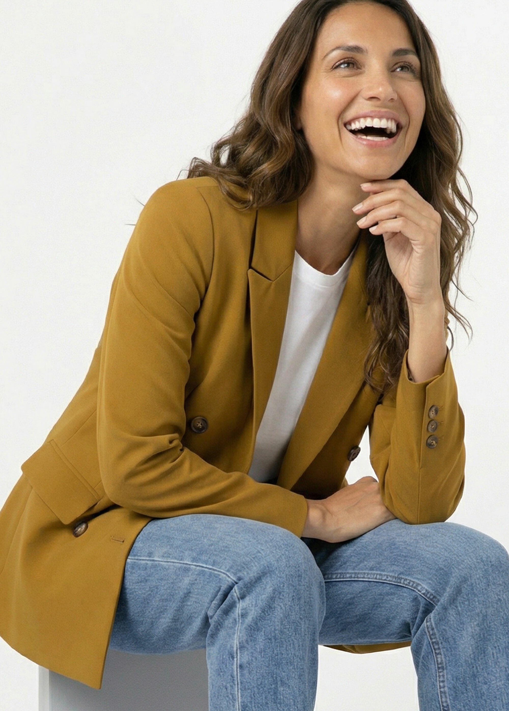 Veste blazer longue, double boutonnage Femme Vert IA-D583 MV1