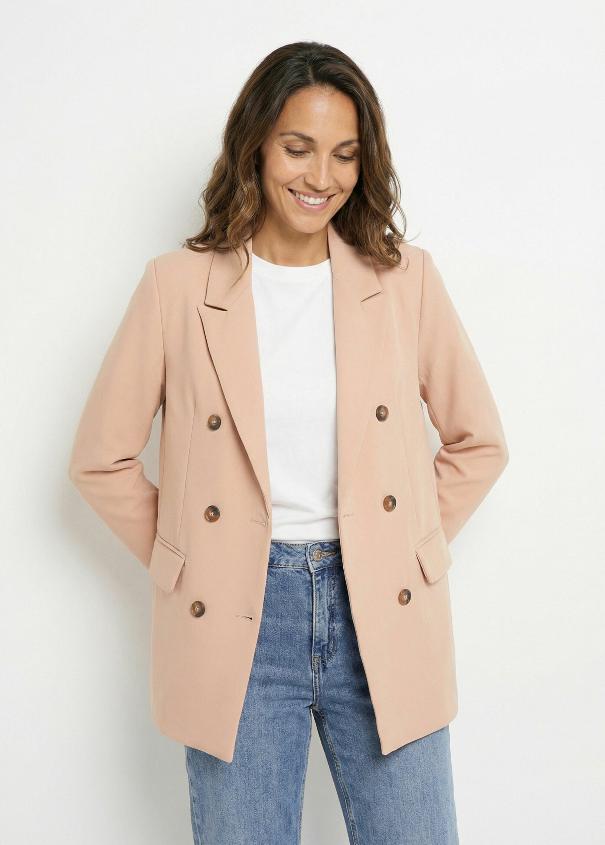Veste blazer longue, double boutonnage Femme Beige IA-D583 MV1