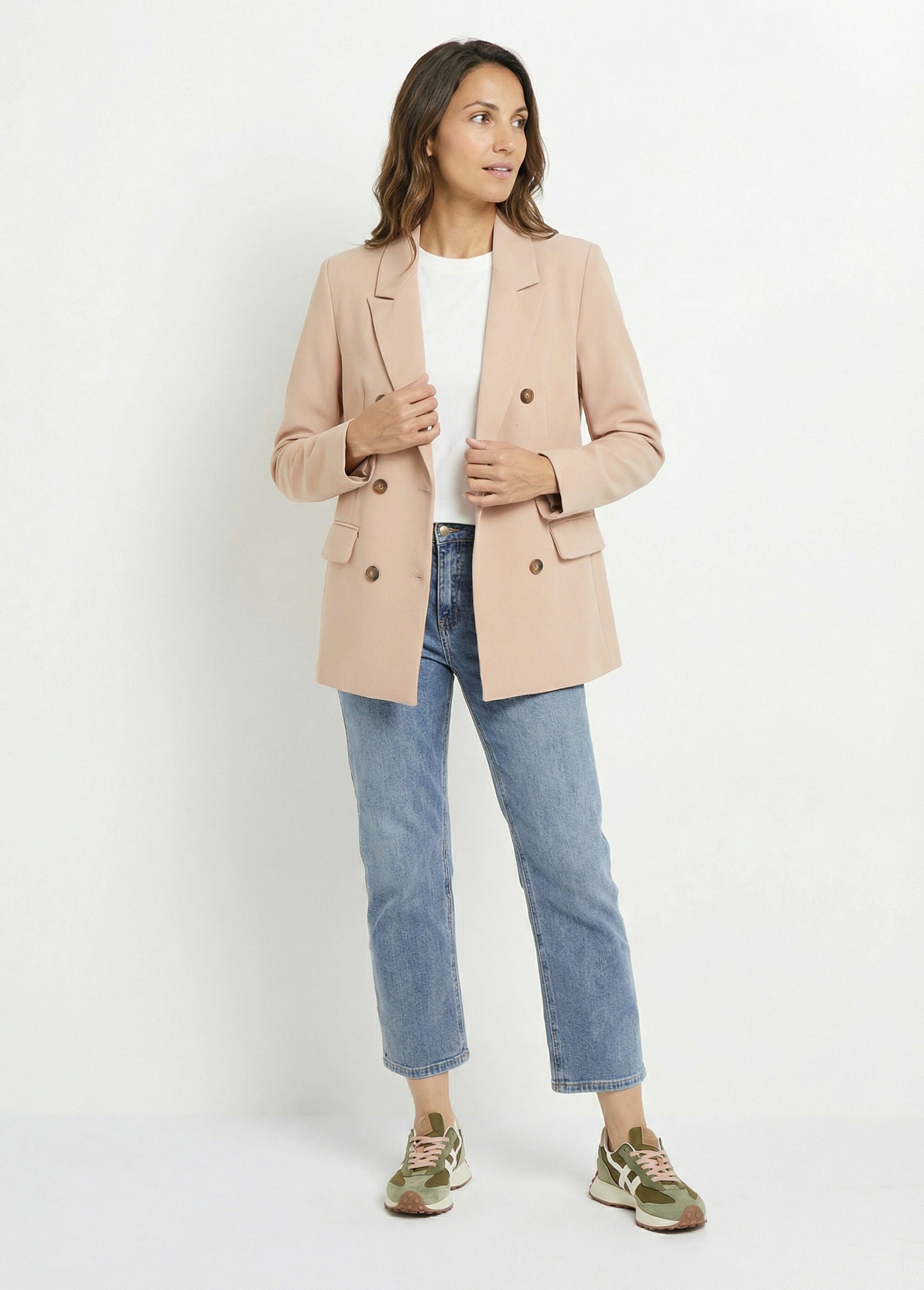 Veste blazer longue, double boutonnage Femme Beige IA-D583 SF1