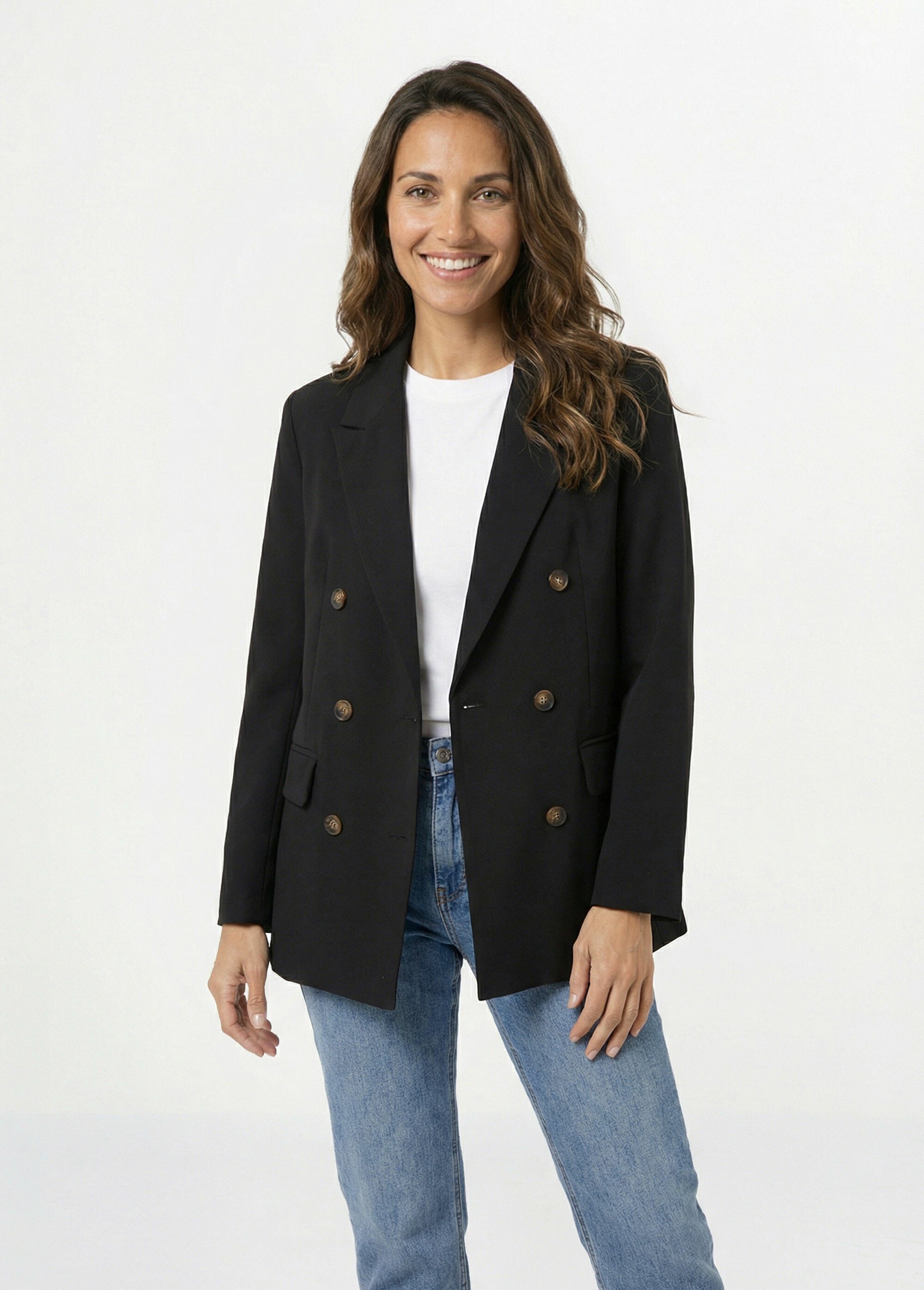 Veste blazer longue, double boutonnage Femme Noir IA-D583 FA1