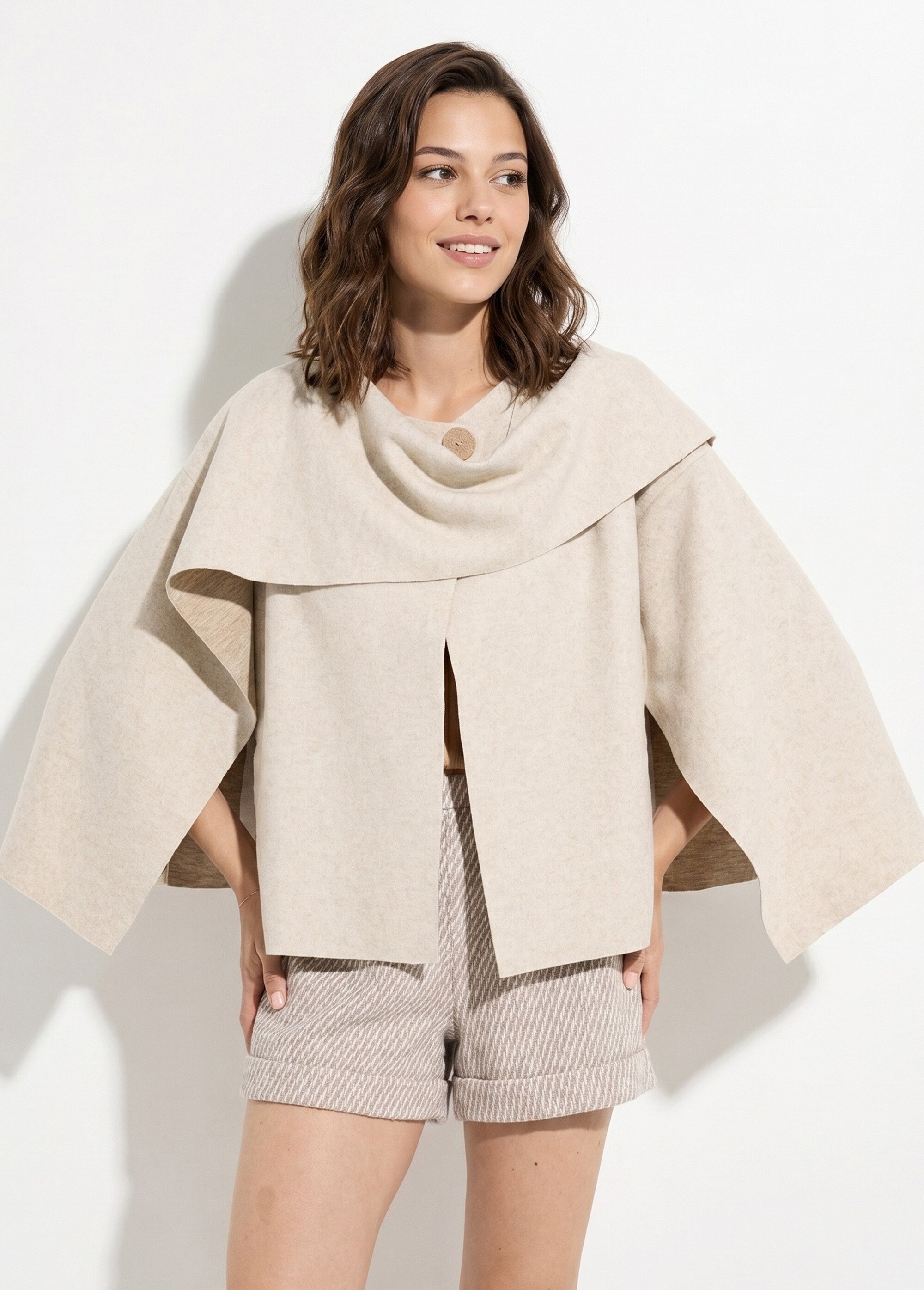 Veste bouton bijou métal et écharpe Femme Beige MQ-9141 MV1