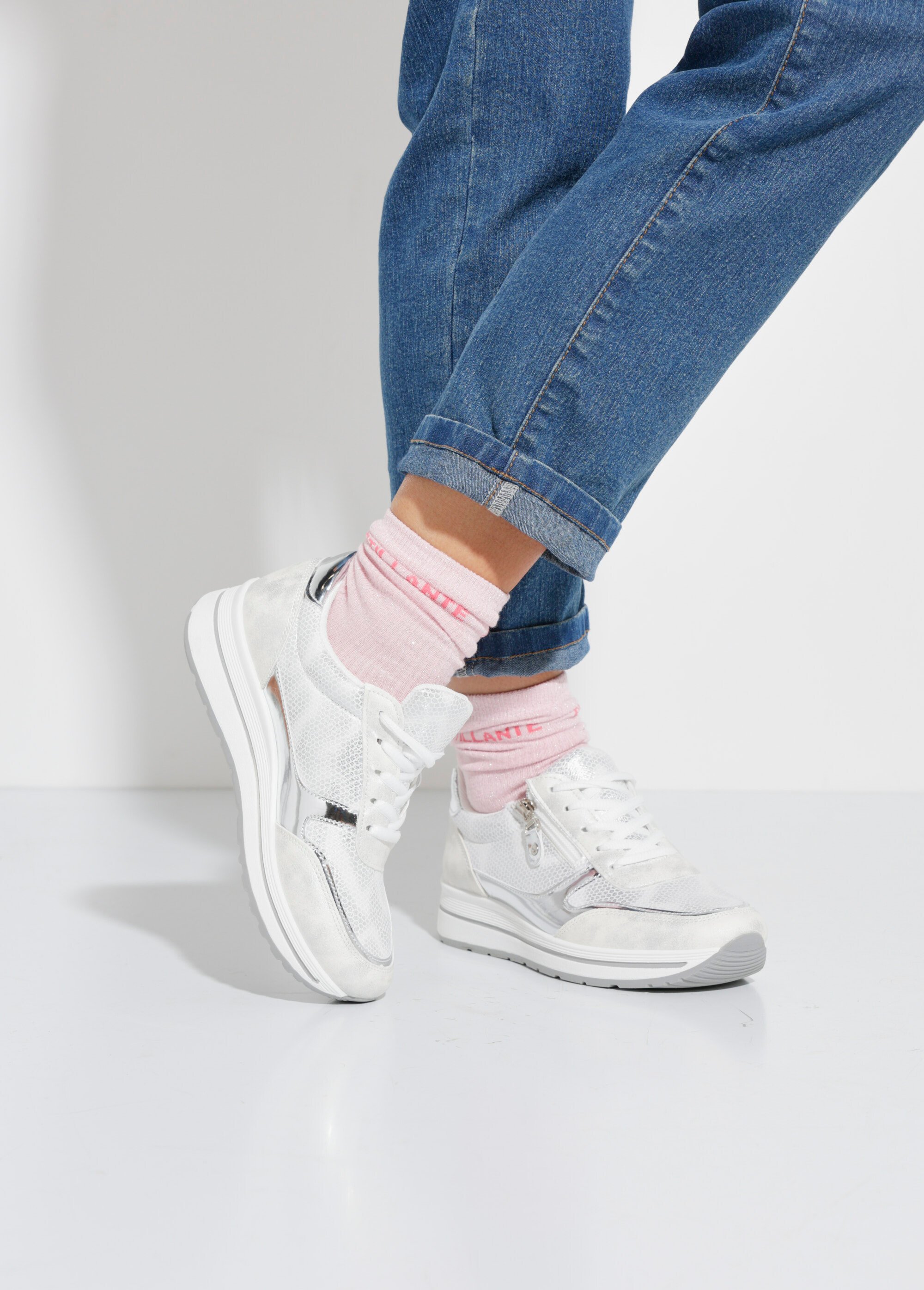 Baskets multimatières à lacets et zip Femme Argenté LBSDXRJ7368 SF1