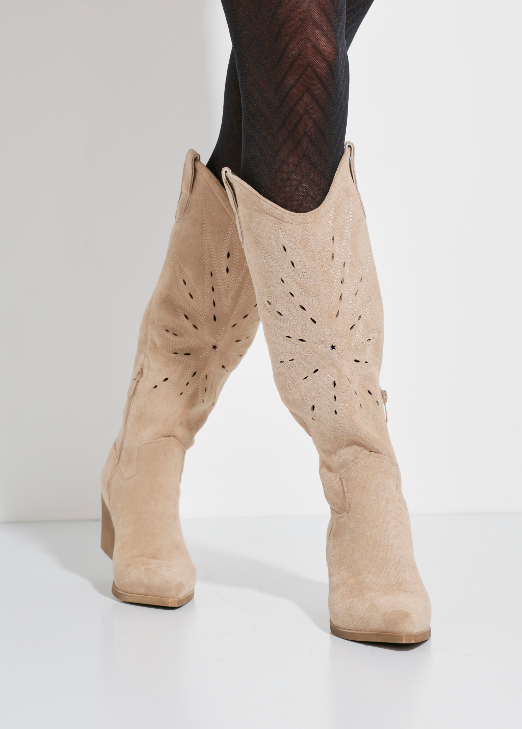 Bottes brodées western à talon biseauté Femme Beige LBSDQR9509 SF1