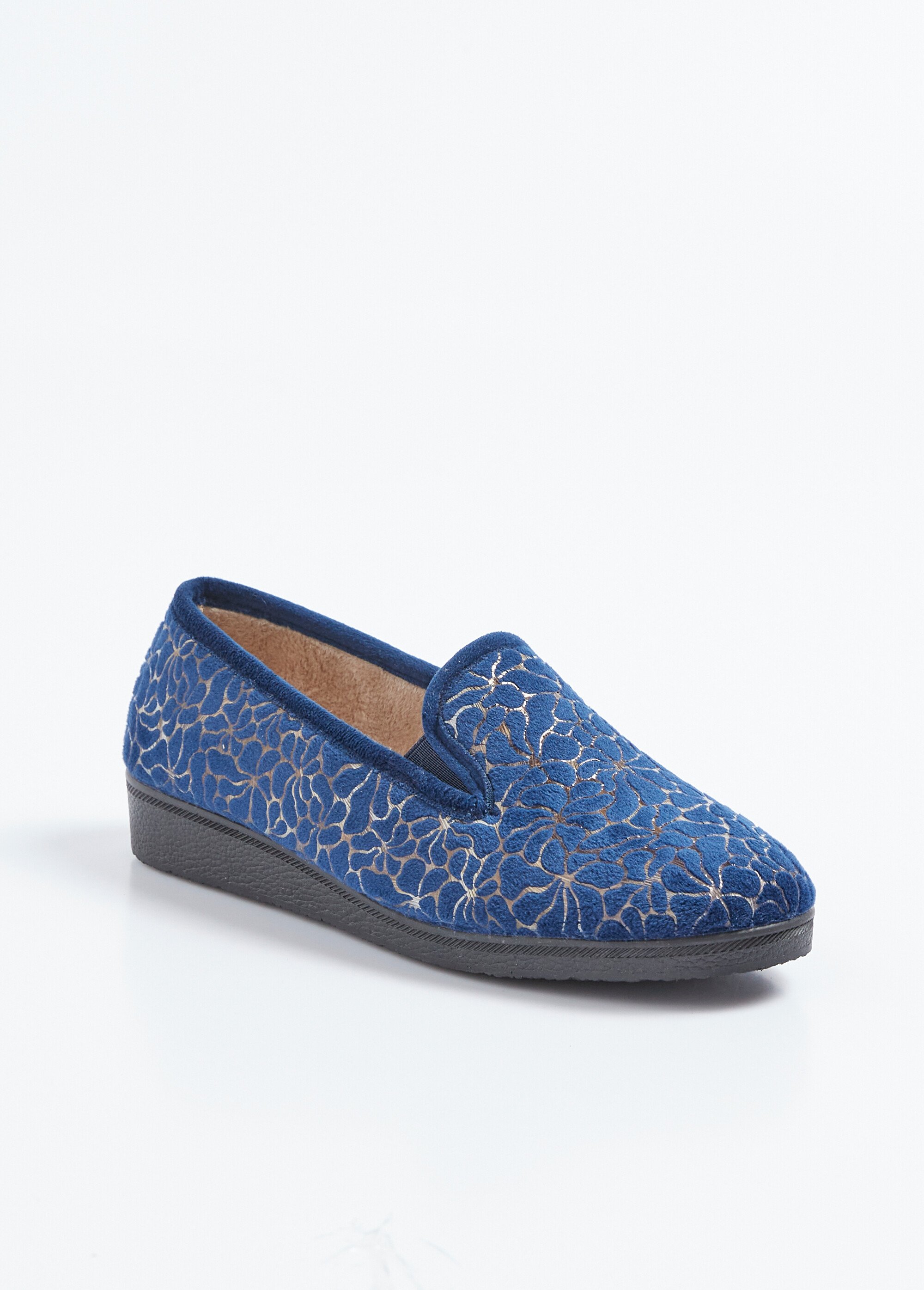 Chaussons élastiqués grande largeur intérieur duveteux Femme Bleu OLLAIRE FA1
