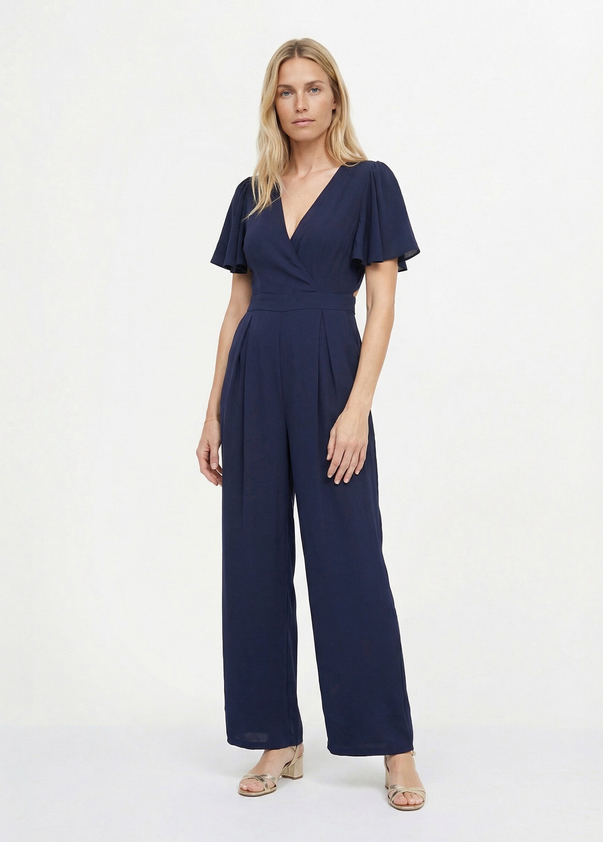 Combinaison chic encolure V, dos nu noué Femme Bleu IKB-81363 FA1