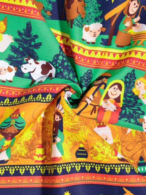 Coupon tissu Noël, motif crèche VERT COT146077 FA1