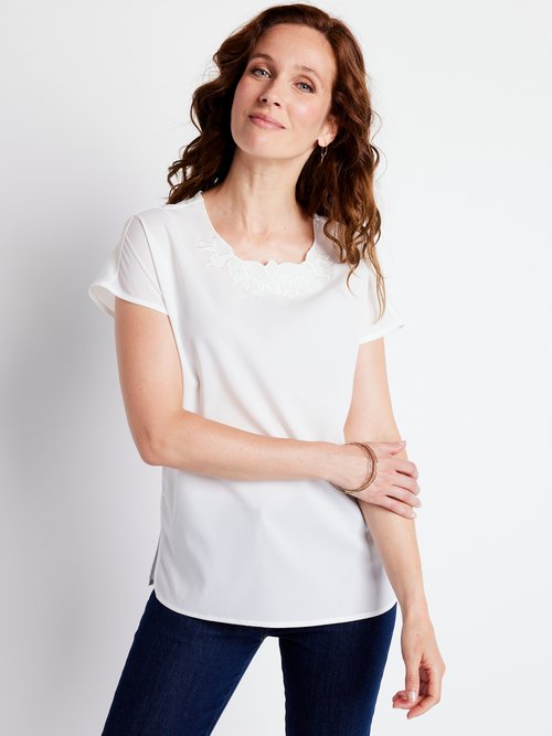 Top long manches courtes broderies col rond Femme Beige CUMIN FA2