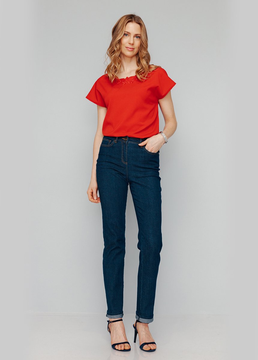 Top long manches courtes broderies col rond Femme Rouge CUMIN SI1
