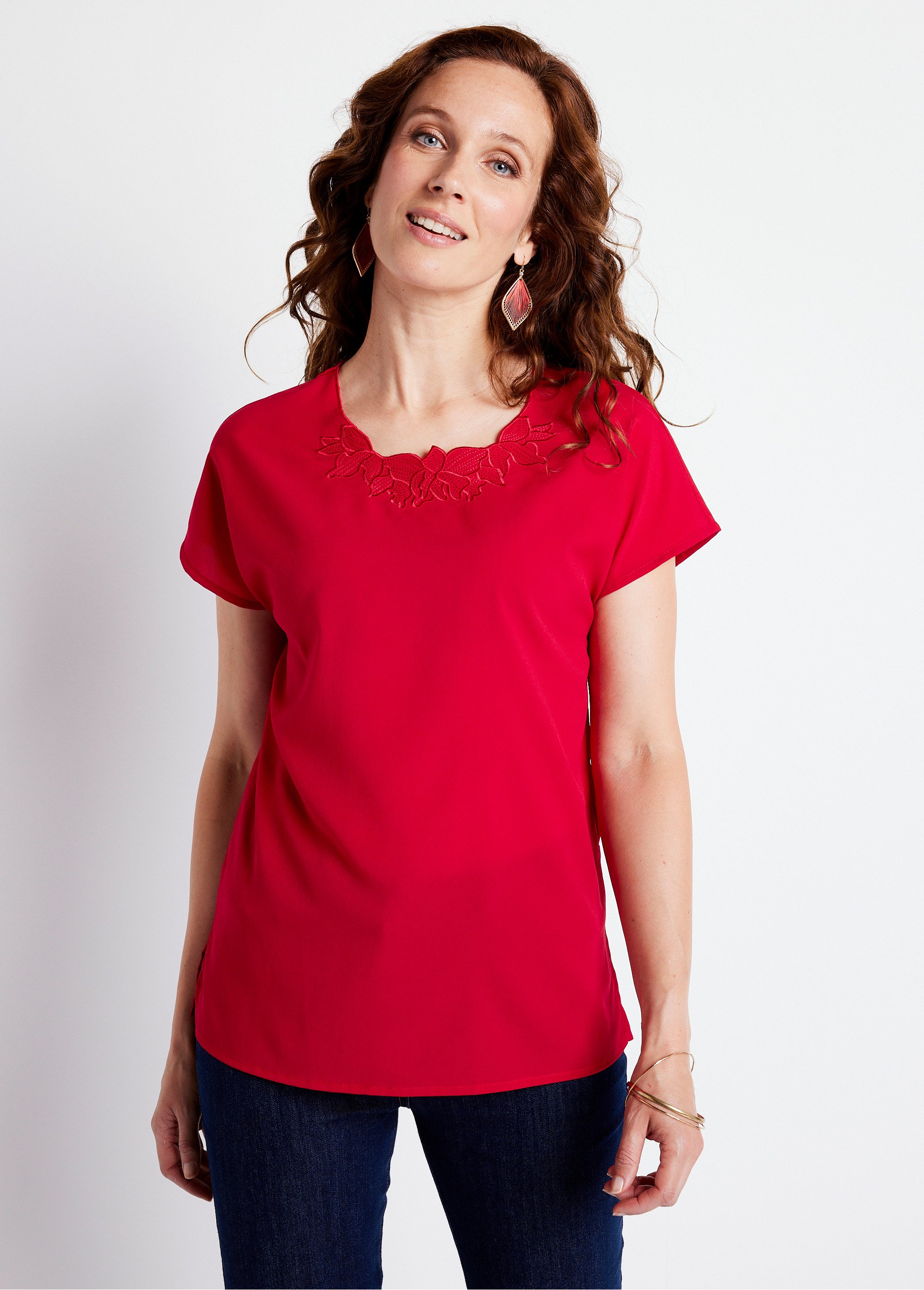 Top long manches courtes broderies col rond Femme ROUGE CUMIN FA1