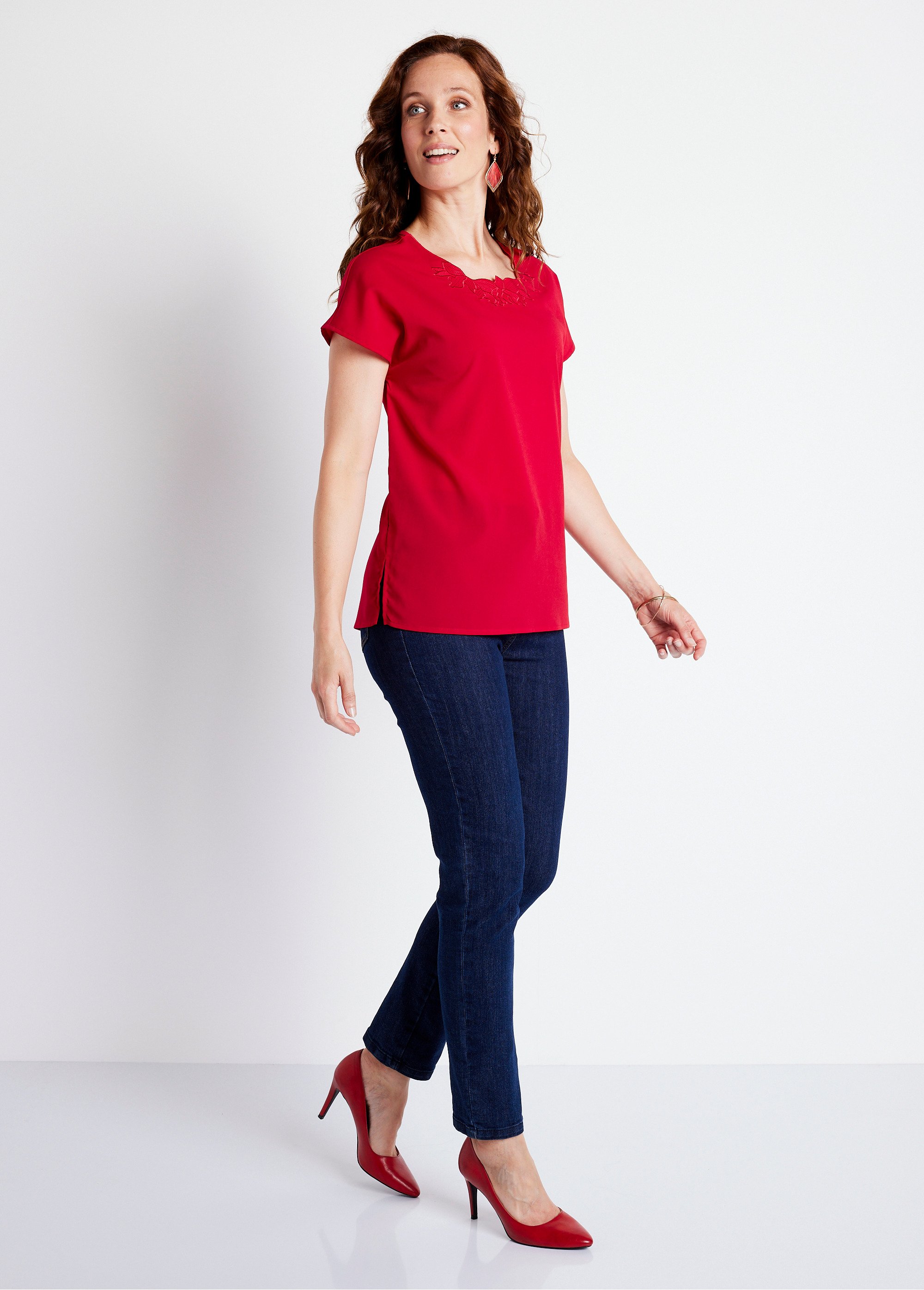 Top long manches courtes broderies col rond Femme ROUGE CUMIN SF1