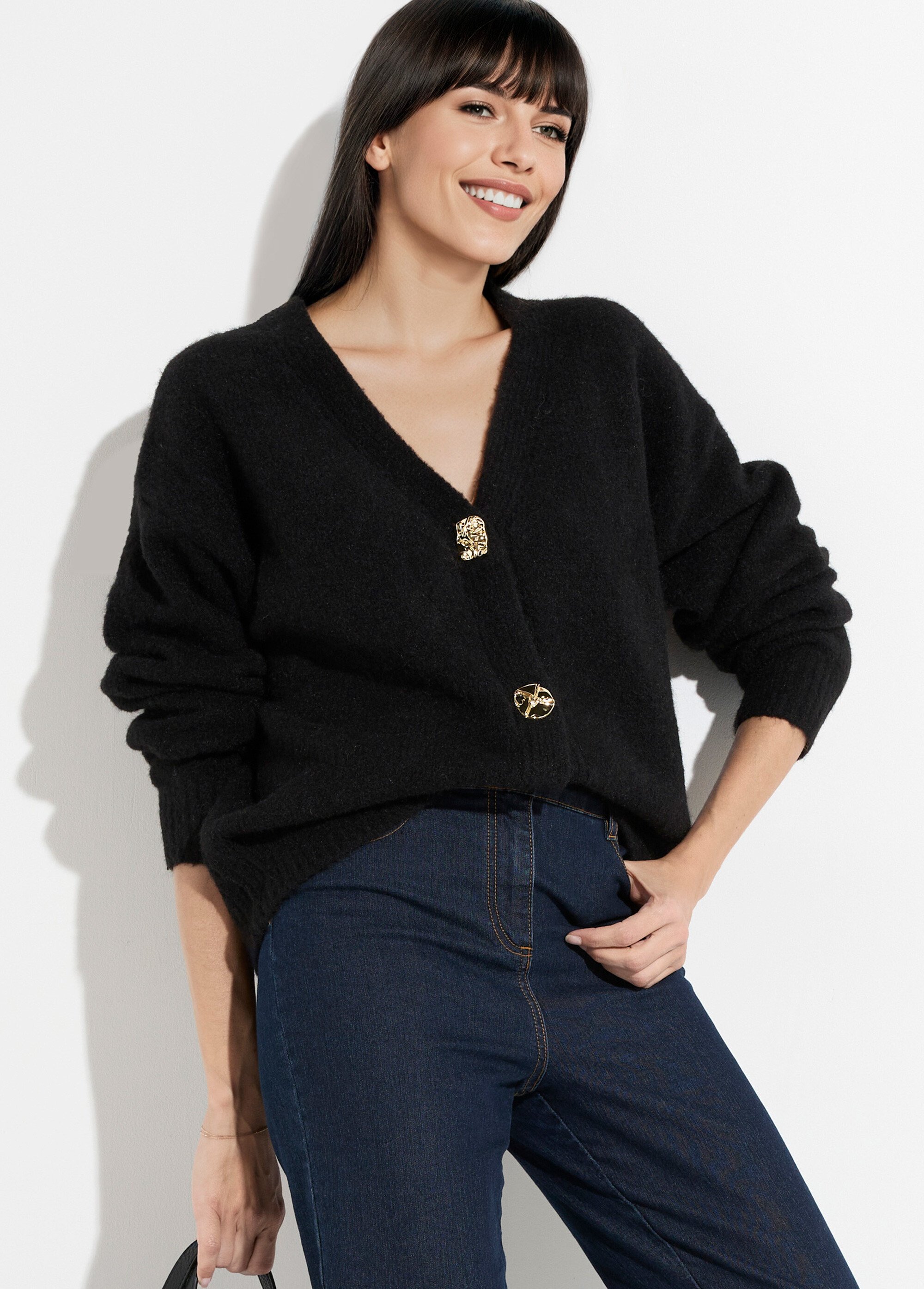 Gilet chaud laine, boutons bijou métal Femme Noir MQ-P1206 MV1