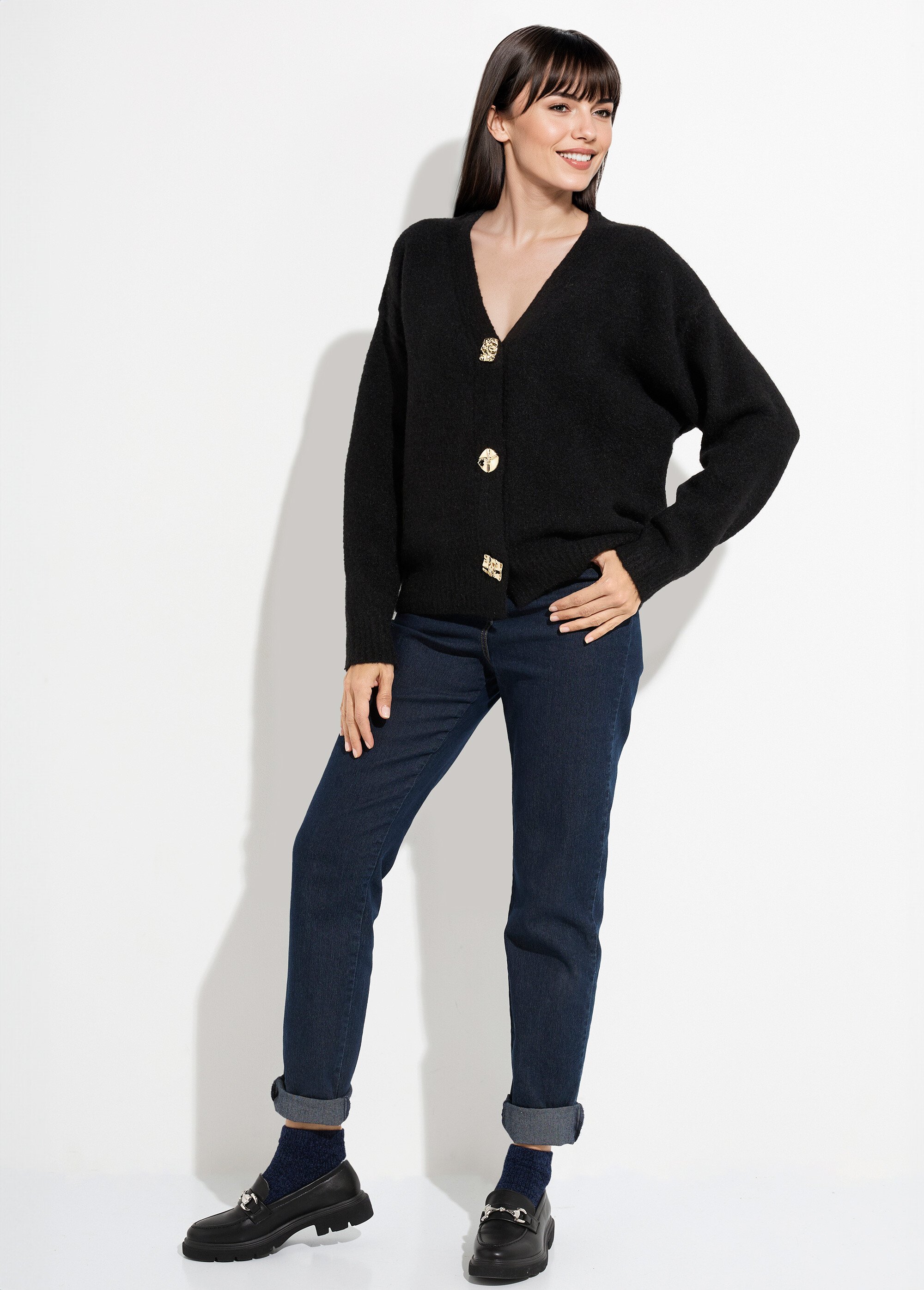 Gilet chaud laine, boutons bijou métal Femme Noir MQ-P1206 SF1