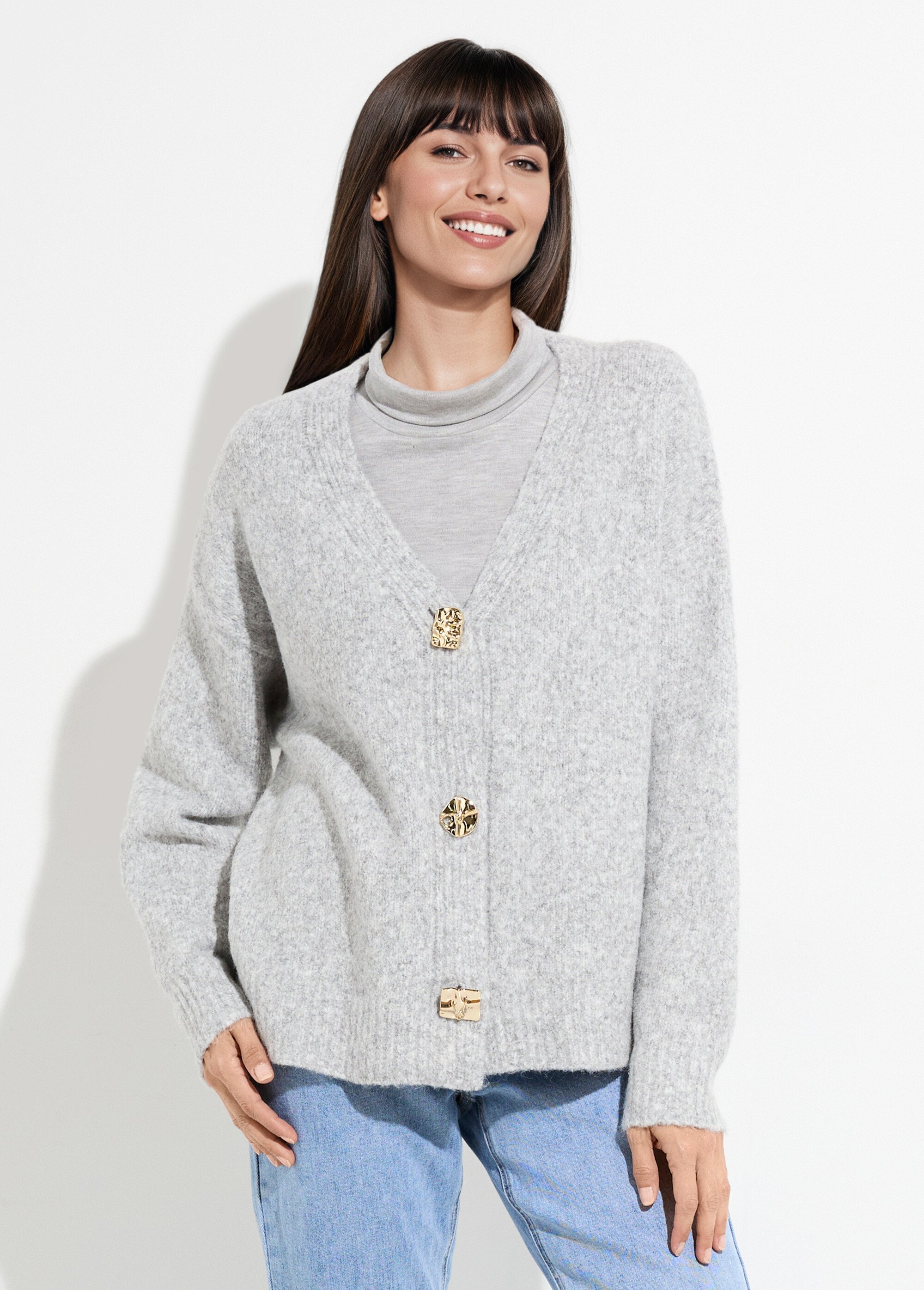 Gilet chaud laine, boutons bijou métal Femme Gris MQ-P1206 FA1