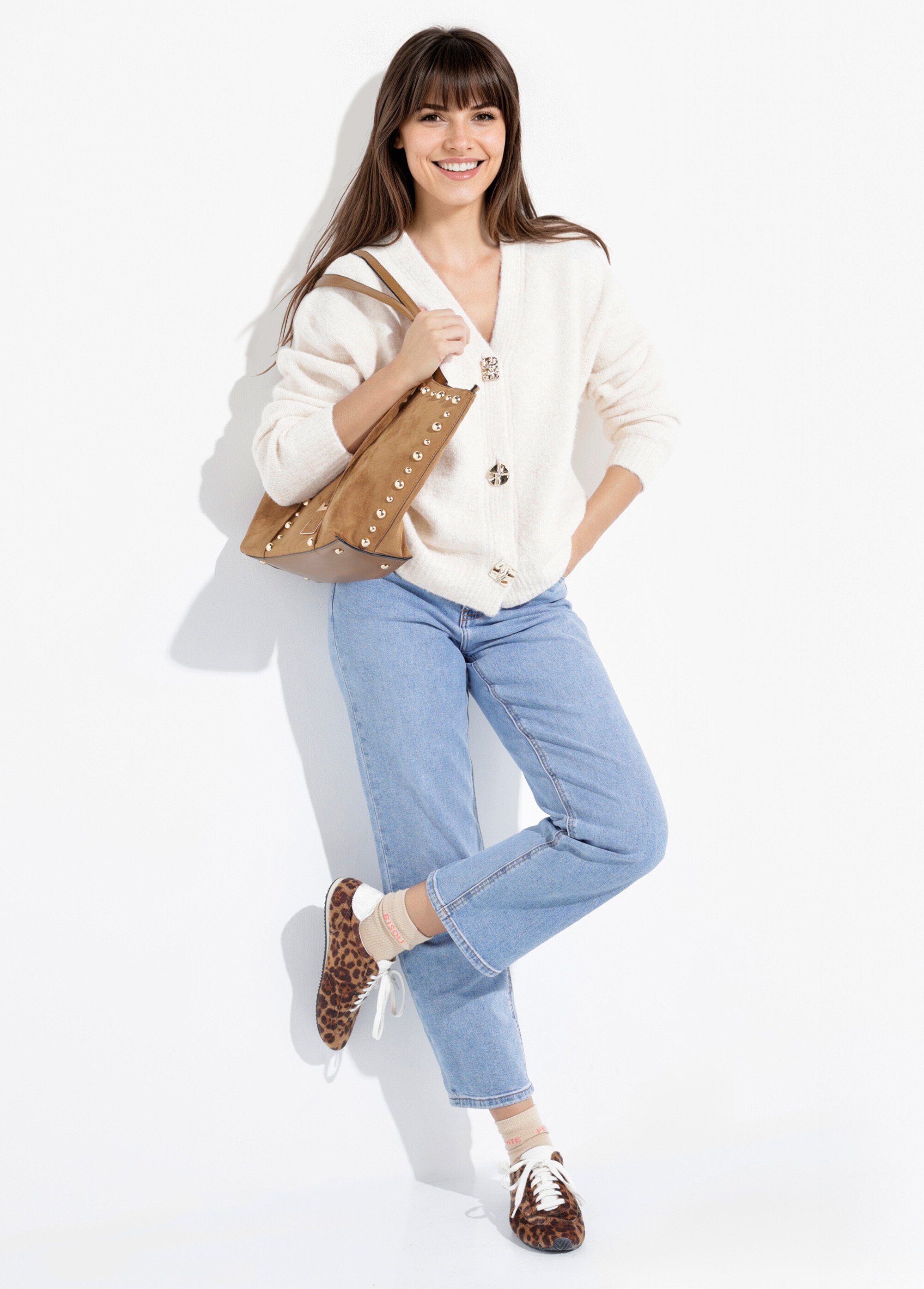 Gilet chaud avec boutons bijou en métal Femme Beige MQ-P1206 SI1