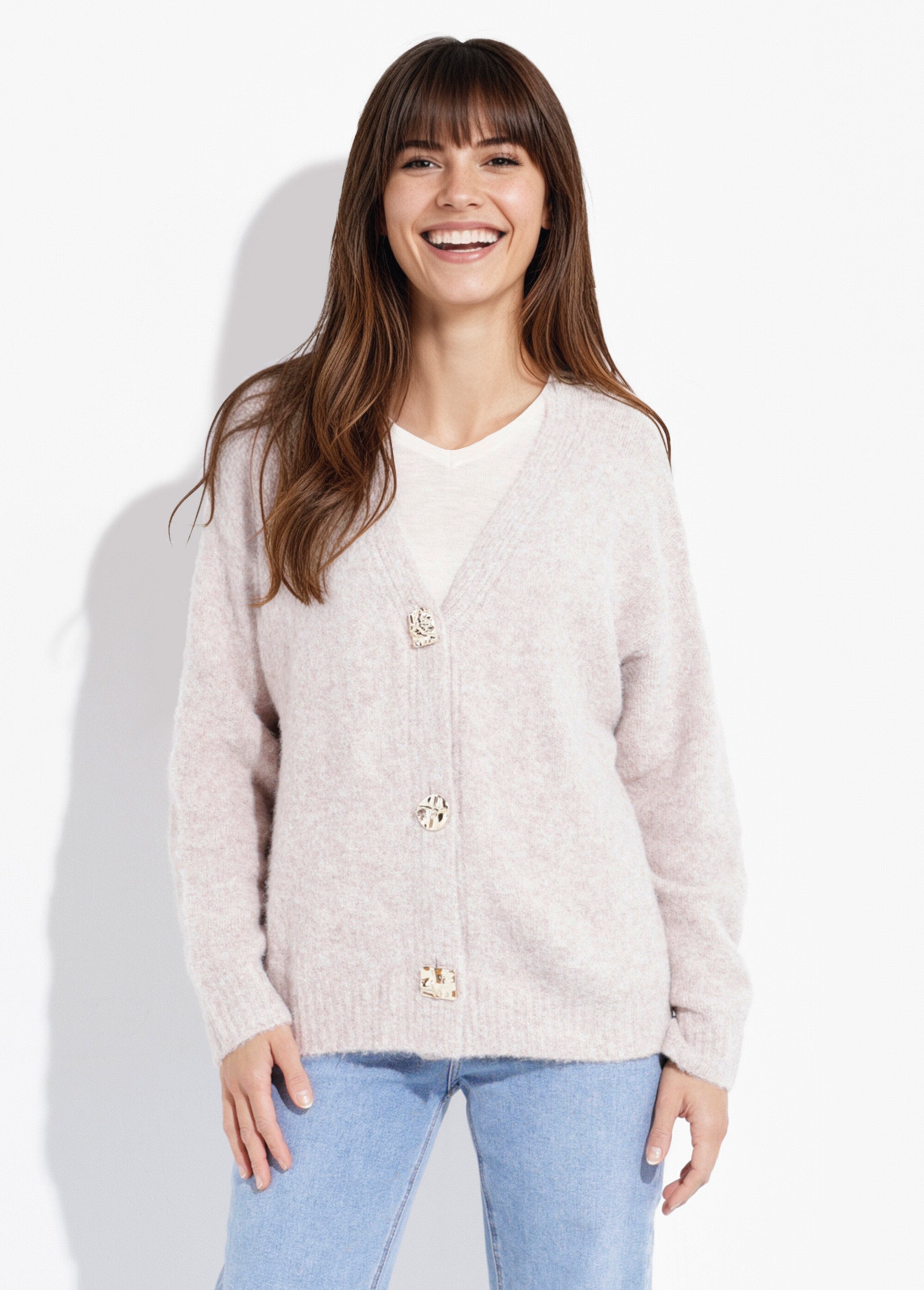 Gilet chaud laine, boutons bijou métal Femme Beige MQ-P1206 FA1