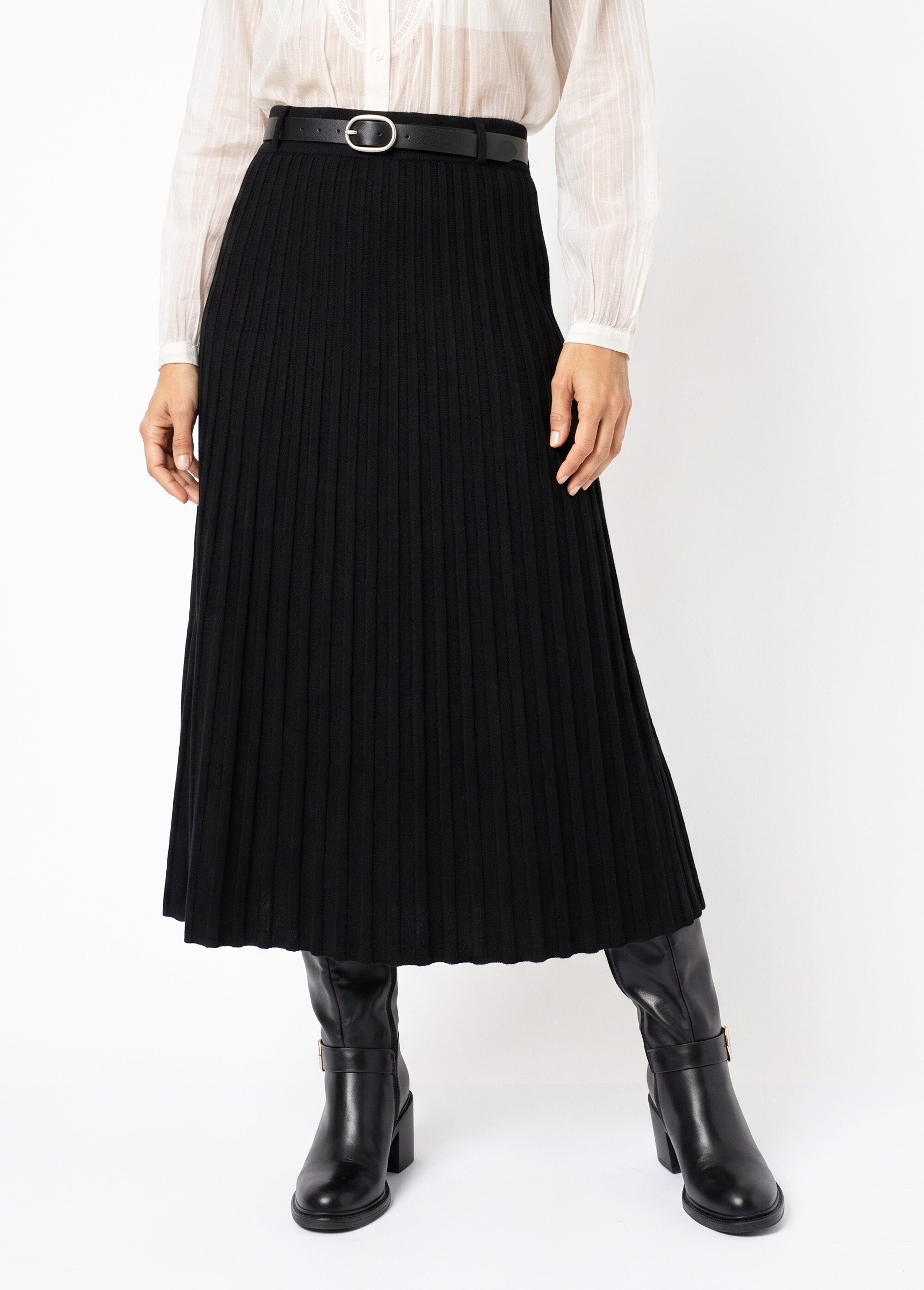 Jupe longue en maille lourde avec ceinture Femme Noir LIONNE FA1