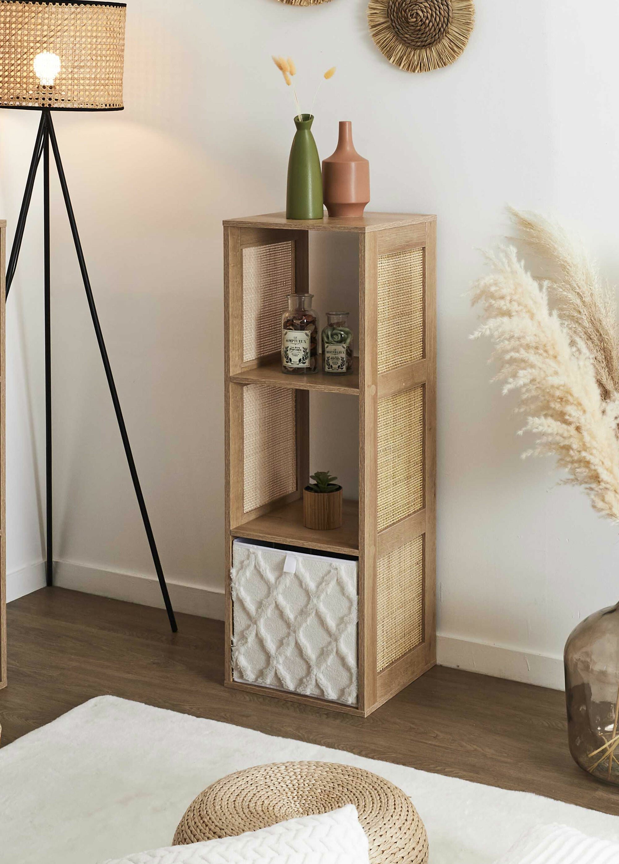 Meuble rangement 3 cases bois et cannage MARRON CMP-HD0245 SI1