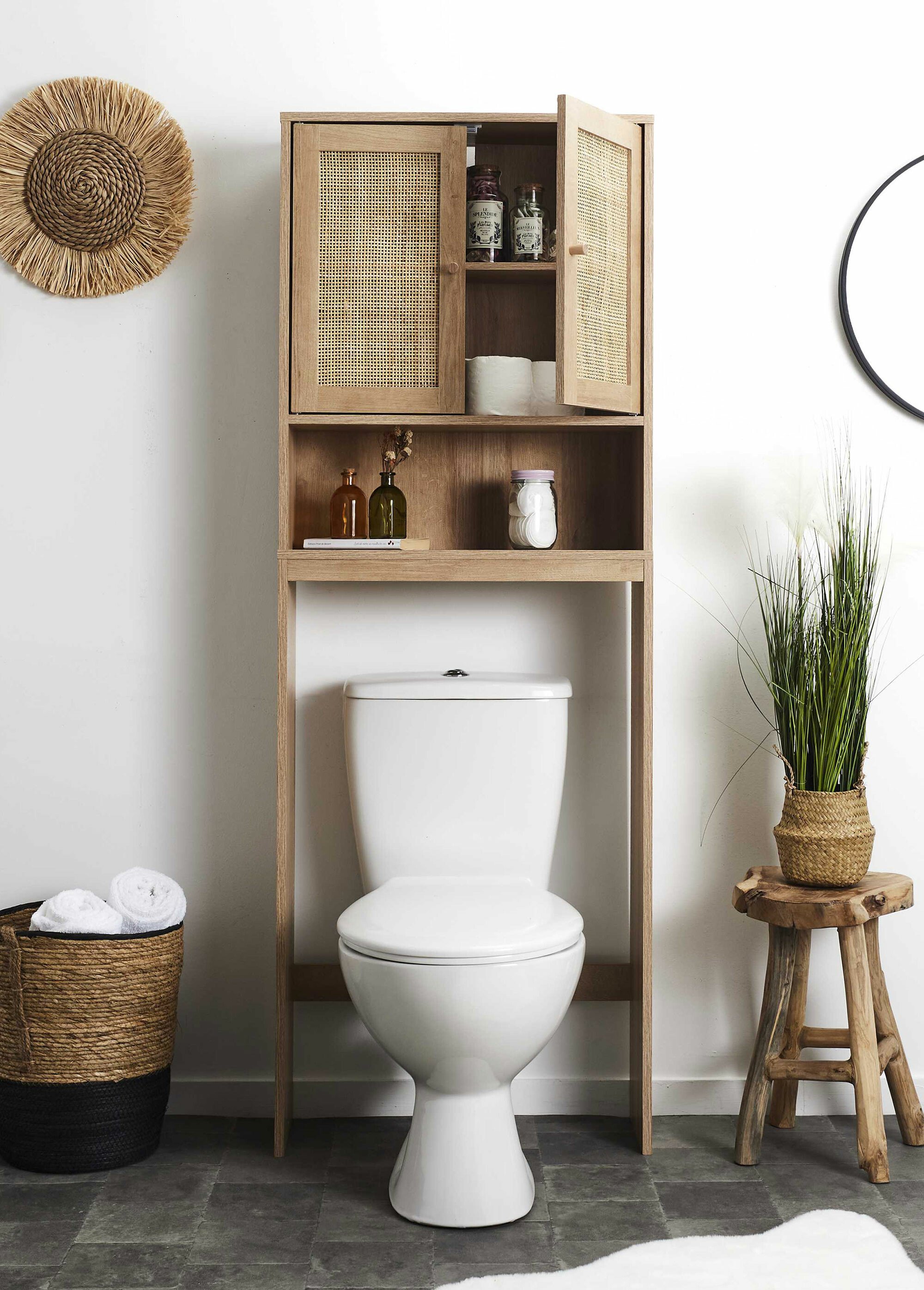 Meuble rangement WC, en bois et cannage MARRON CMP-HD0228 SI2