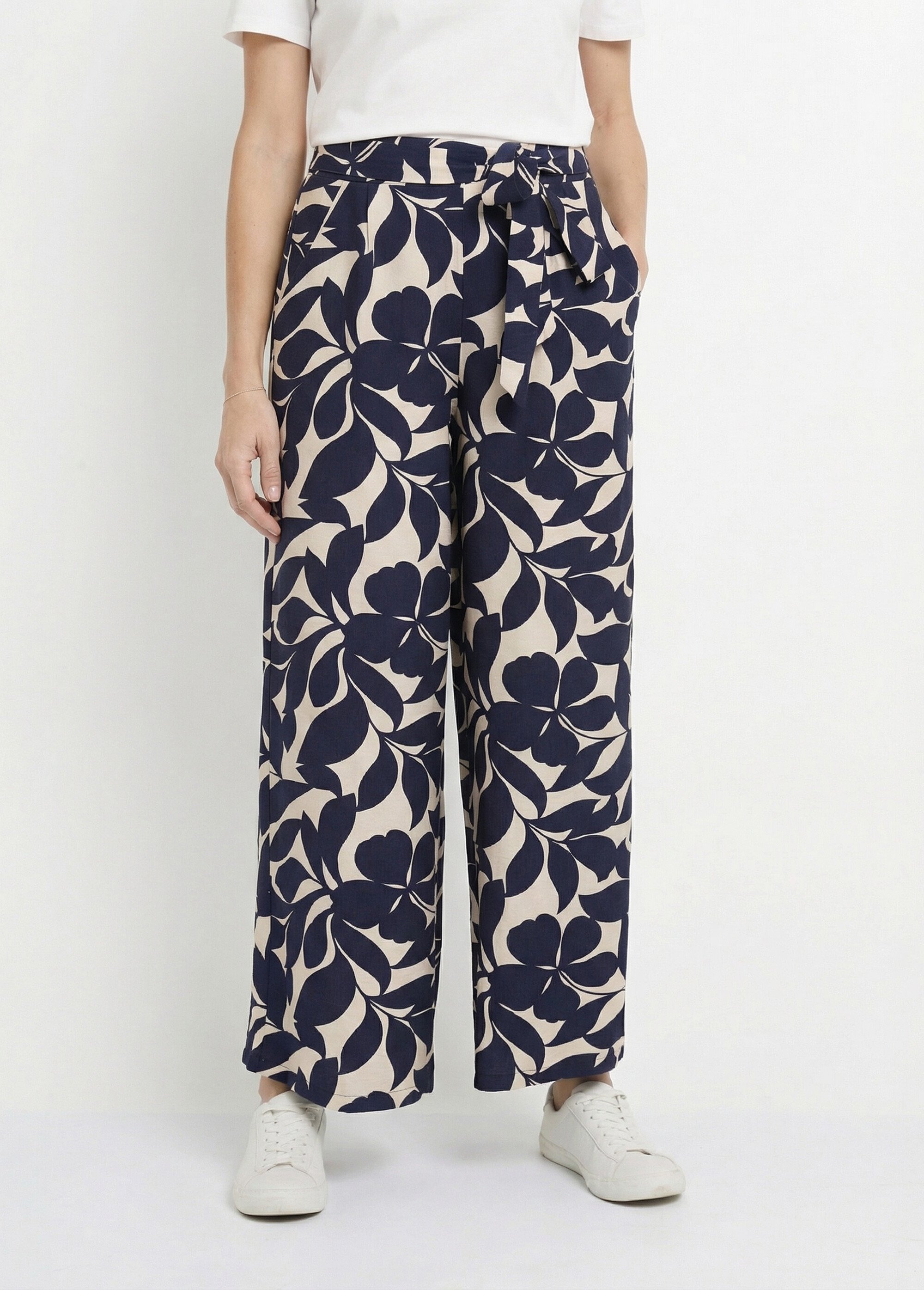 Pantalon chic, motif feuilles stylisées Femme Bleu IKB-81292 FA1