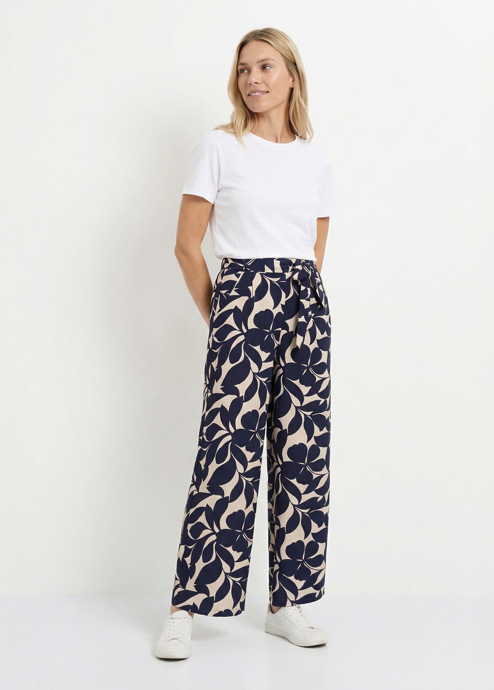 Pantalon chic, motif feuilles stylisées Femme Bleu IKB-81292 SF1