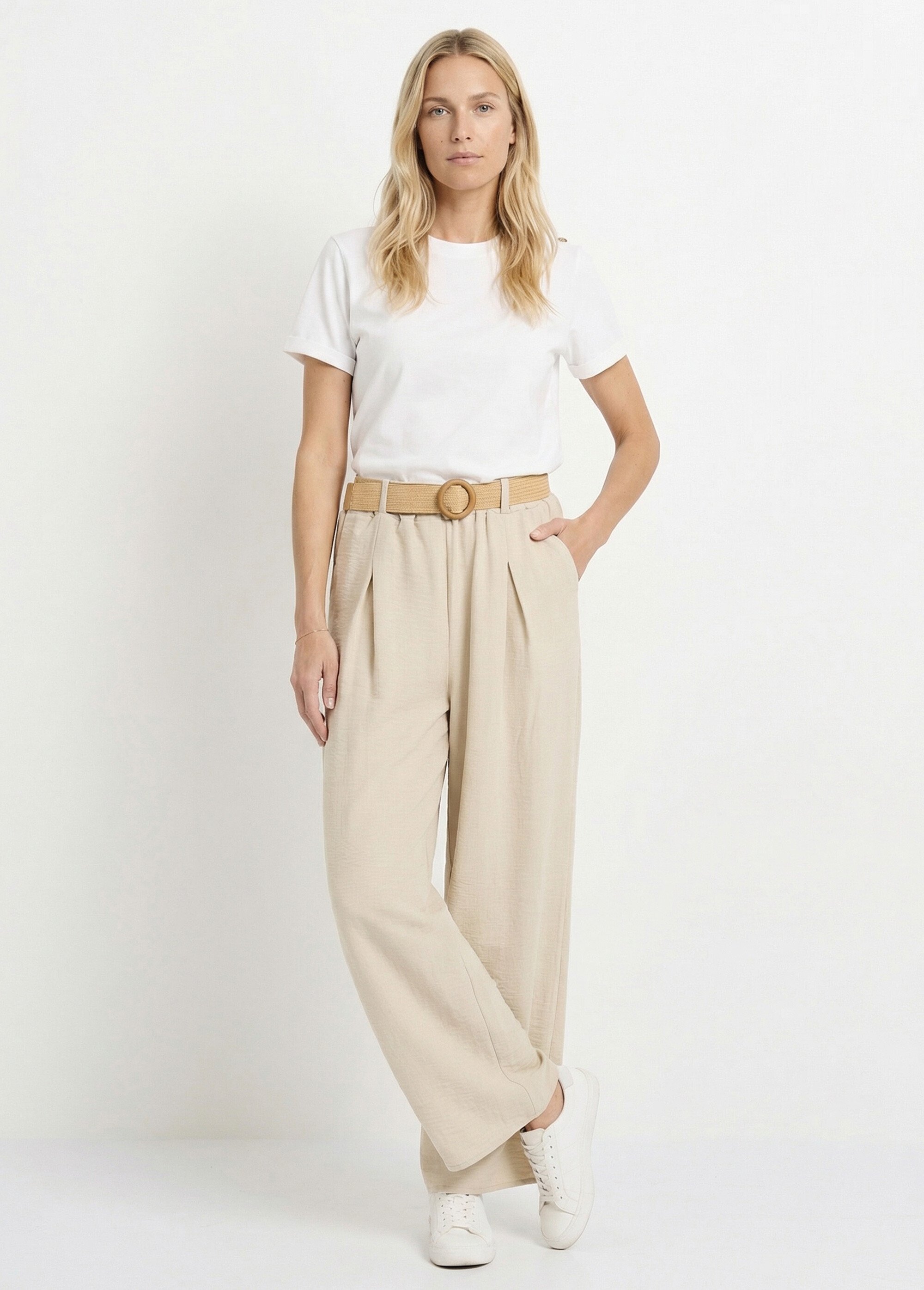 Pantalon fluide + ceinture tressée Femme Beige KA-DD109 MV1