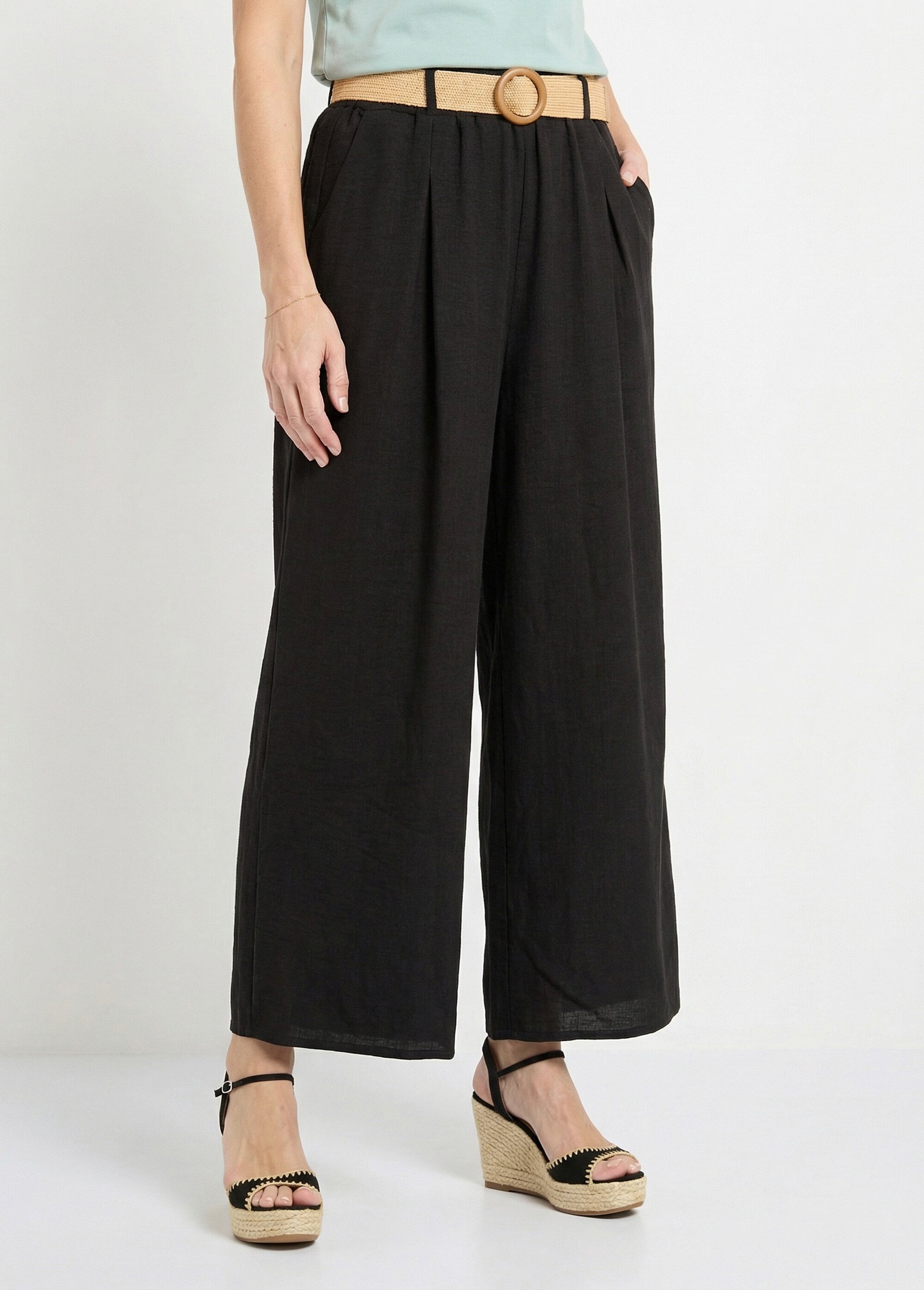 Pantalon fluide + ceinture tressée Femme Noir KA-DD109 FA1