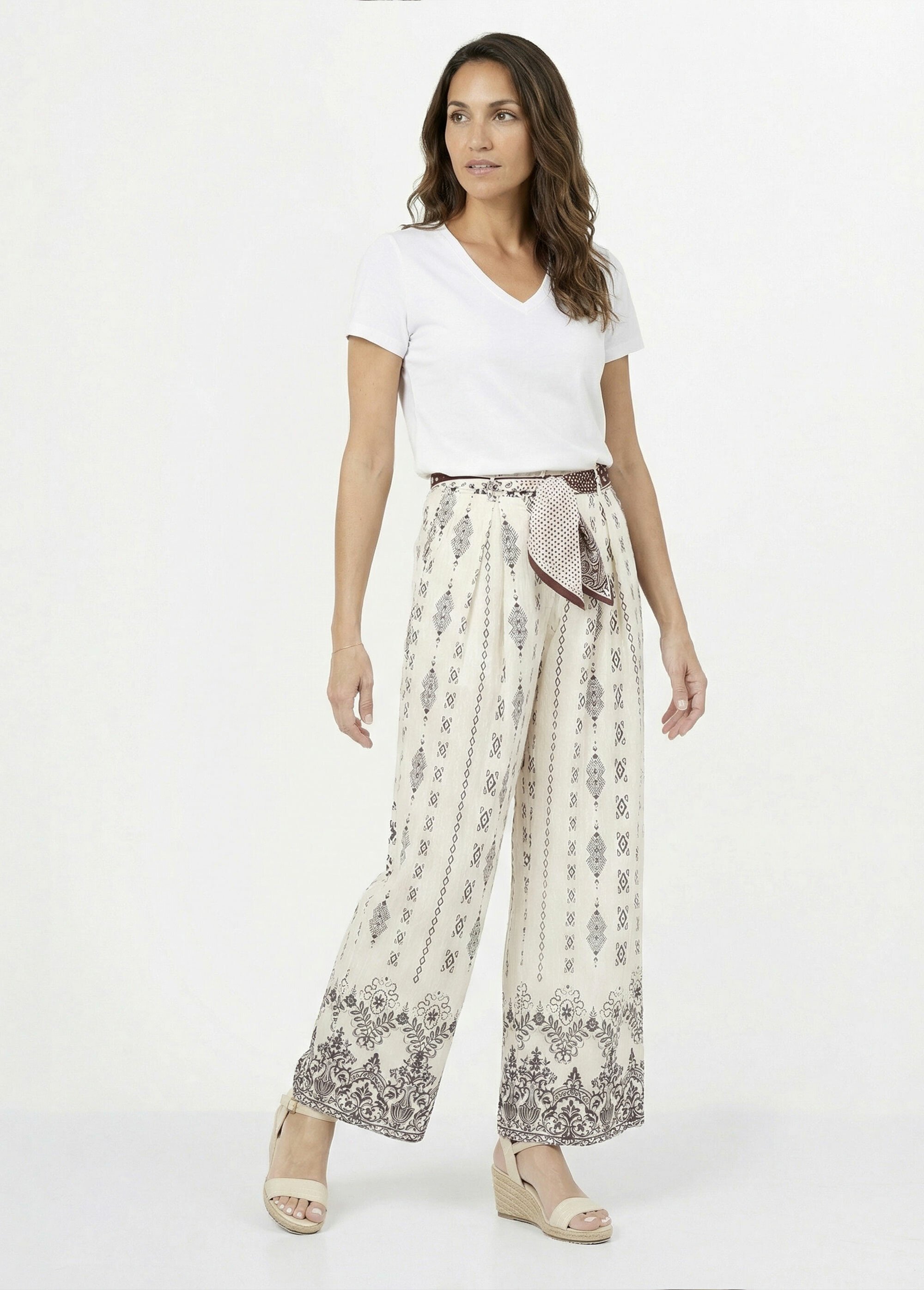 Pantalon large ethnique + foulard taille Femme Blanc KA-DD025 SF1