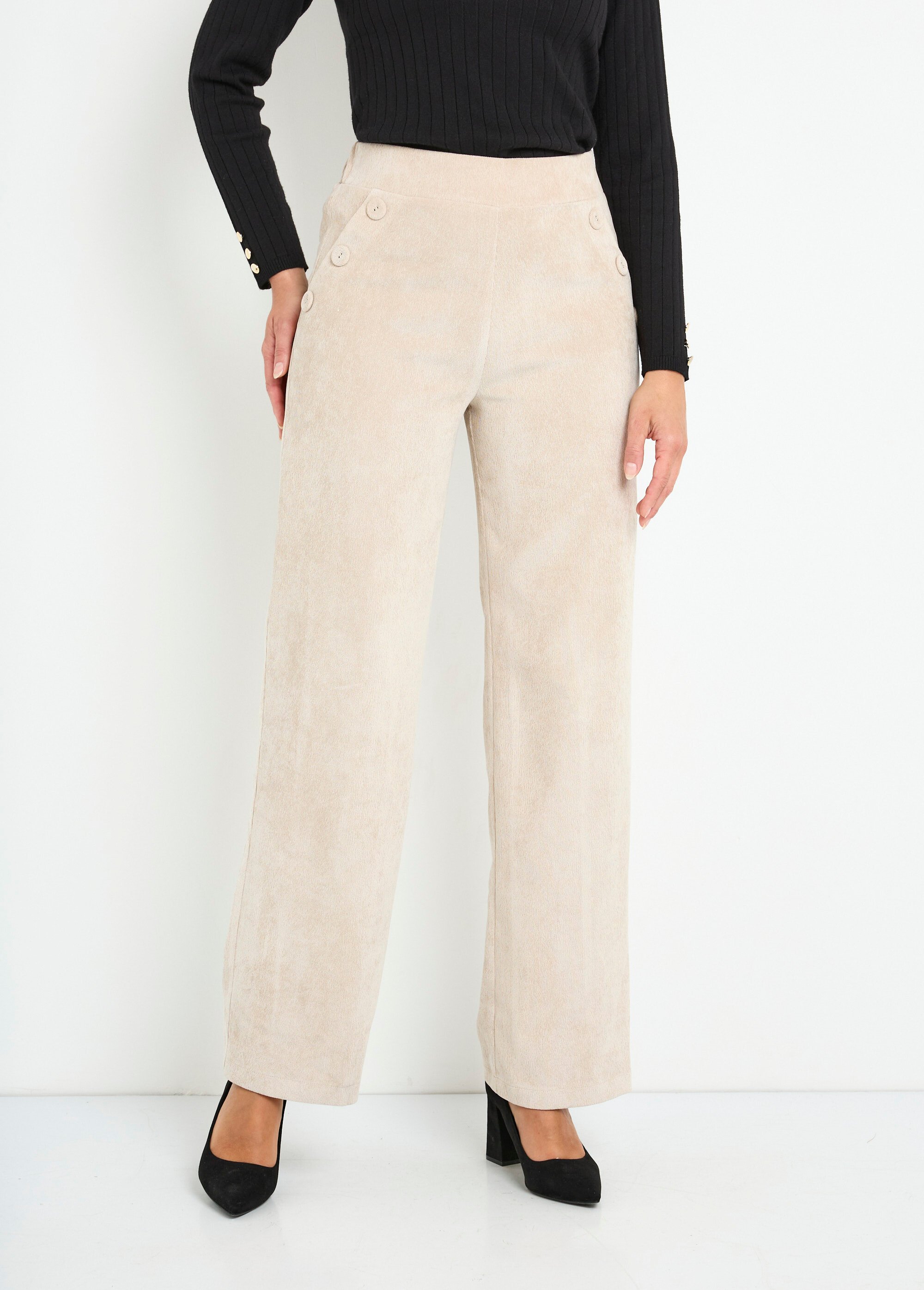 Pantalon large velours milleraies ceinture semi-élastiquée Femme Beige NOSSA FA1