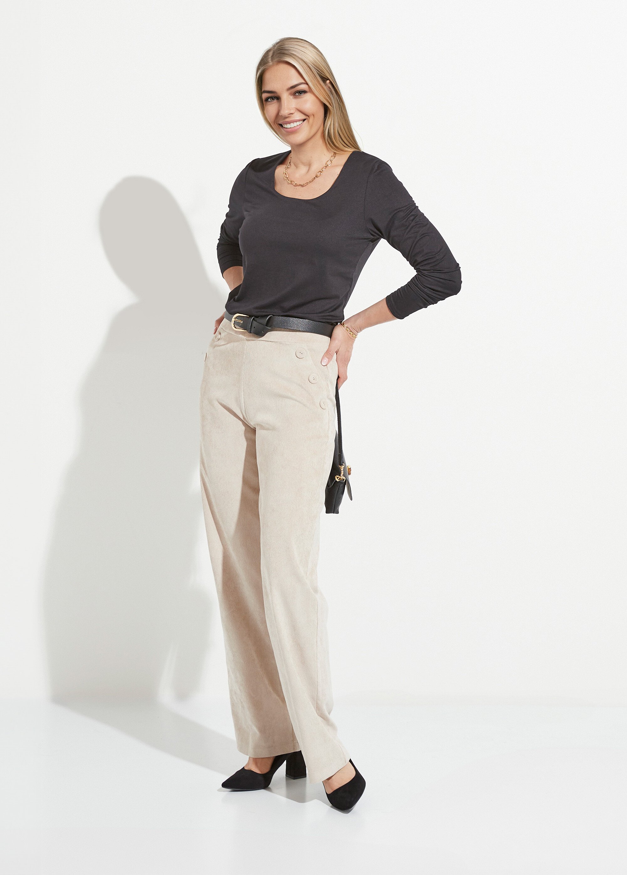 Pantalon large velours milleraies ceinture semi-élastiquée