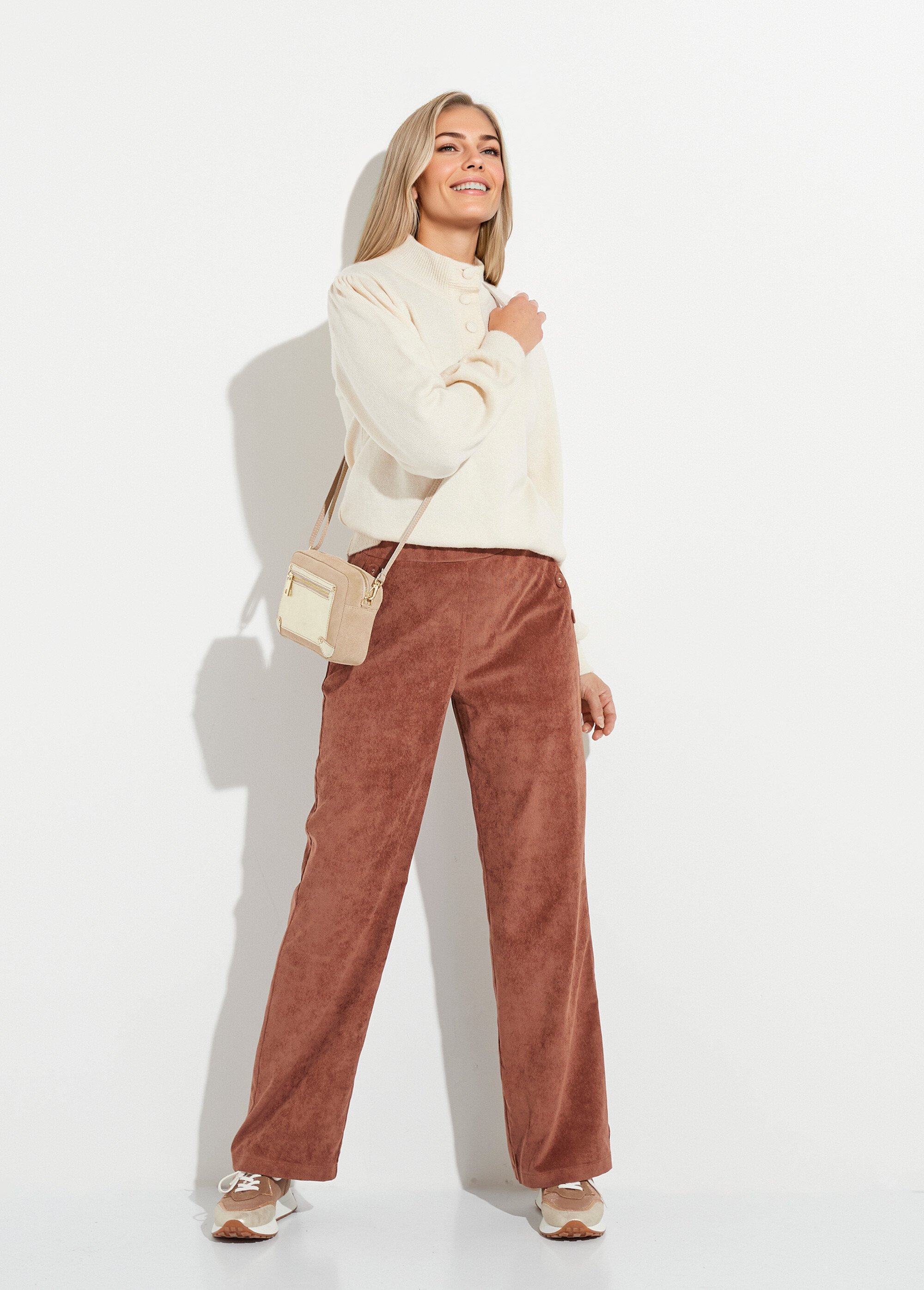 Pantalon large velours milleraies ceinture semi-élastiquée