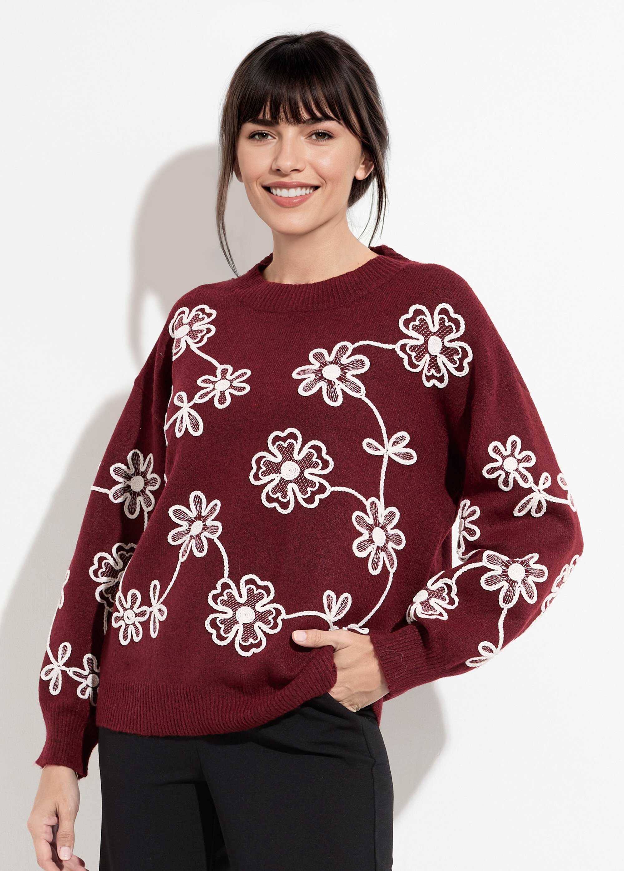 Pull montant application fleurs brodées Femme Rouge MQ-P1202 FA1