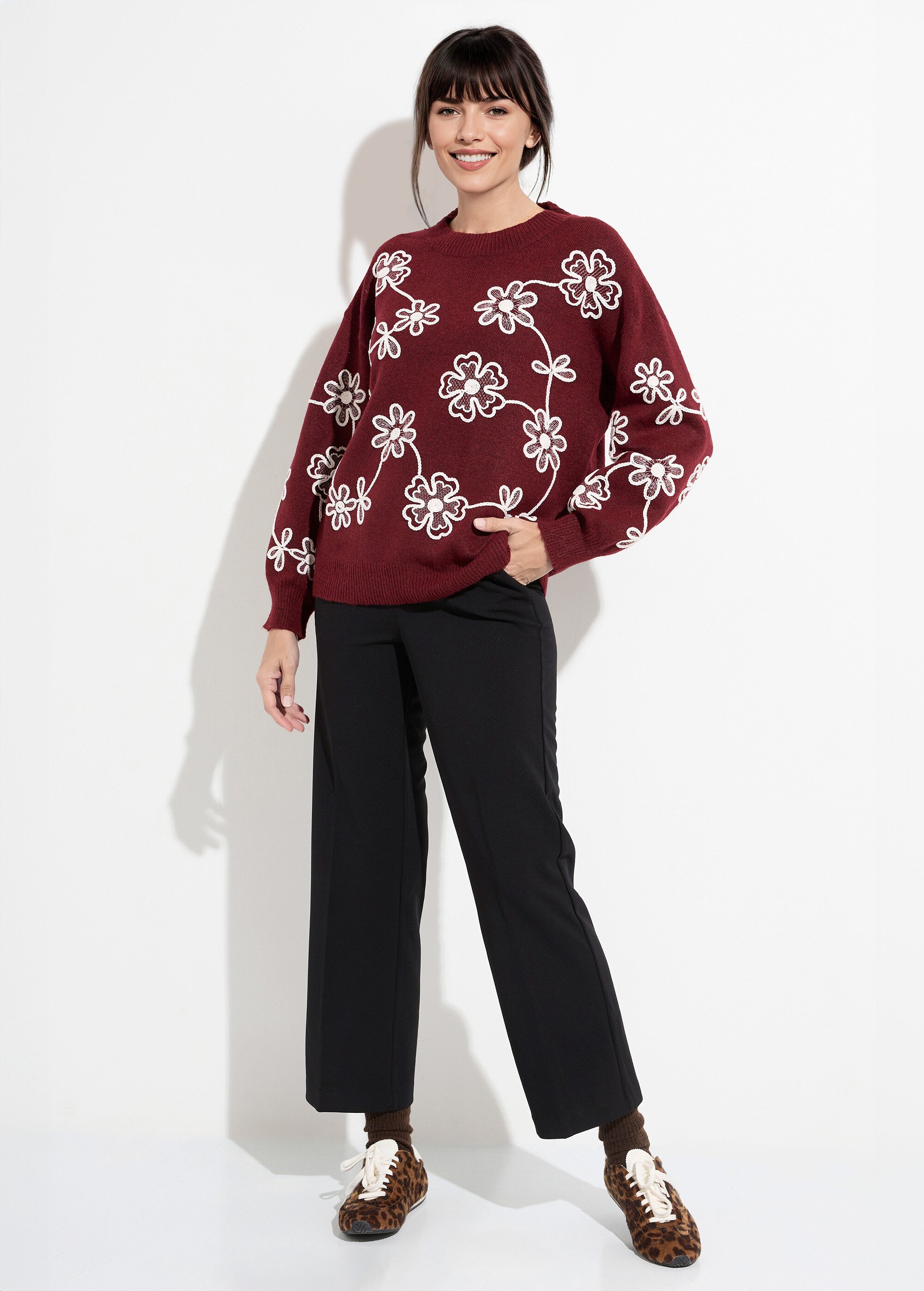 Pull montant application fleurs brodées Femme Rouge MQ-P1202 SF1