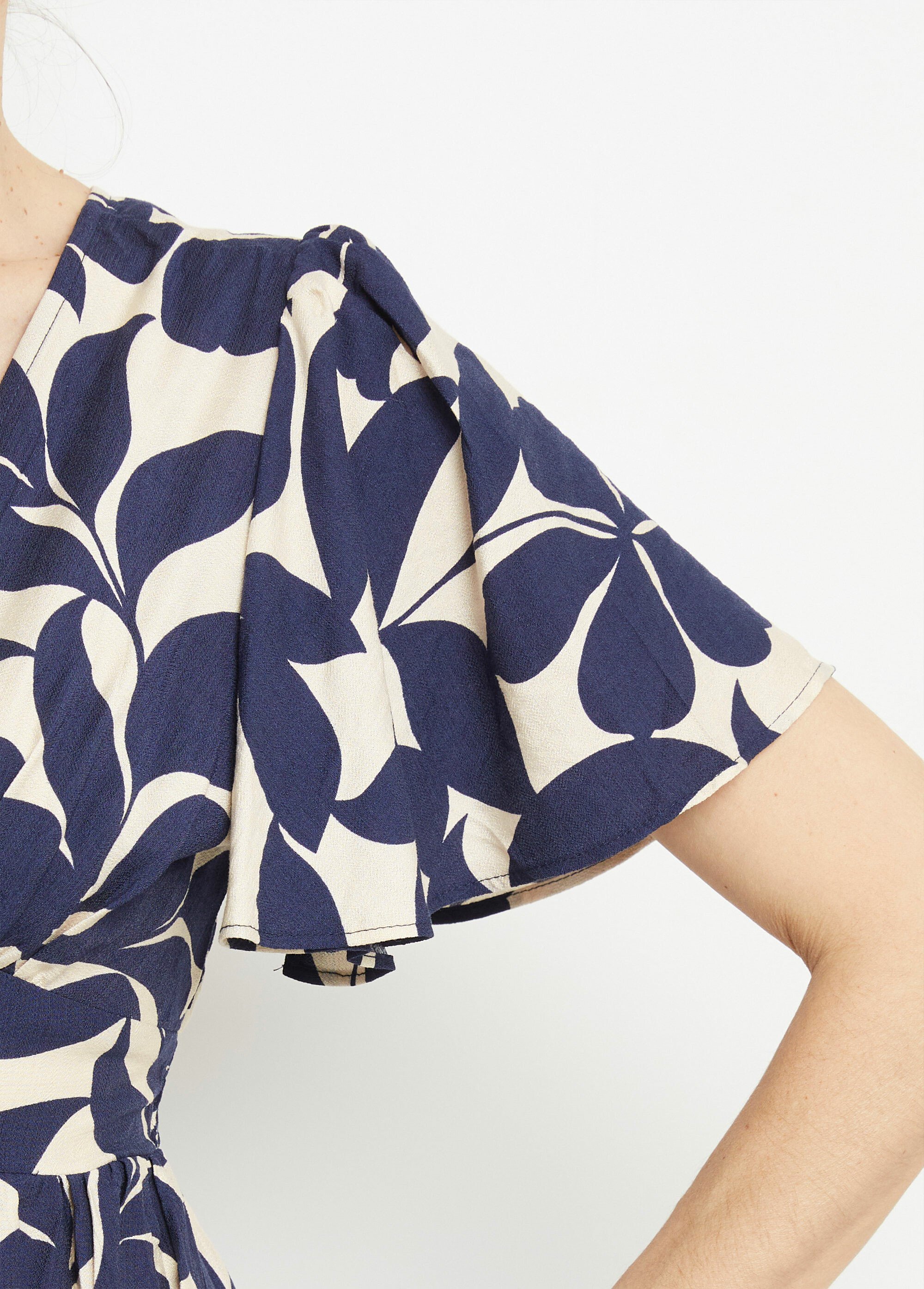 Robe longue à motif, col V devant et dos Femme Bleu IKB-81291 DE2