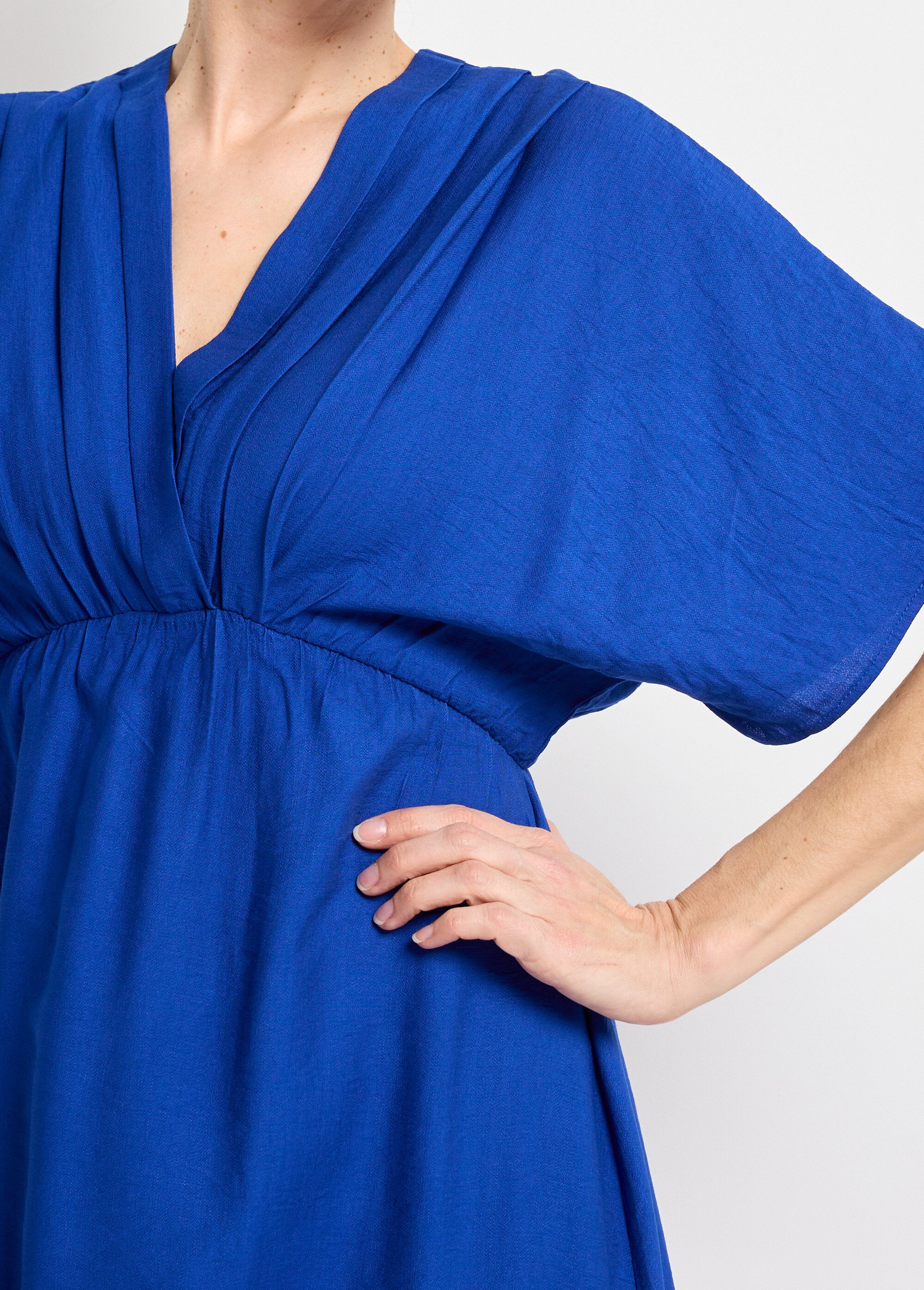 Robe longue col V plissé devant et dos Femme Bleu IKB-81015 DE1