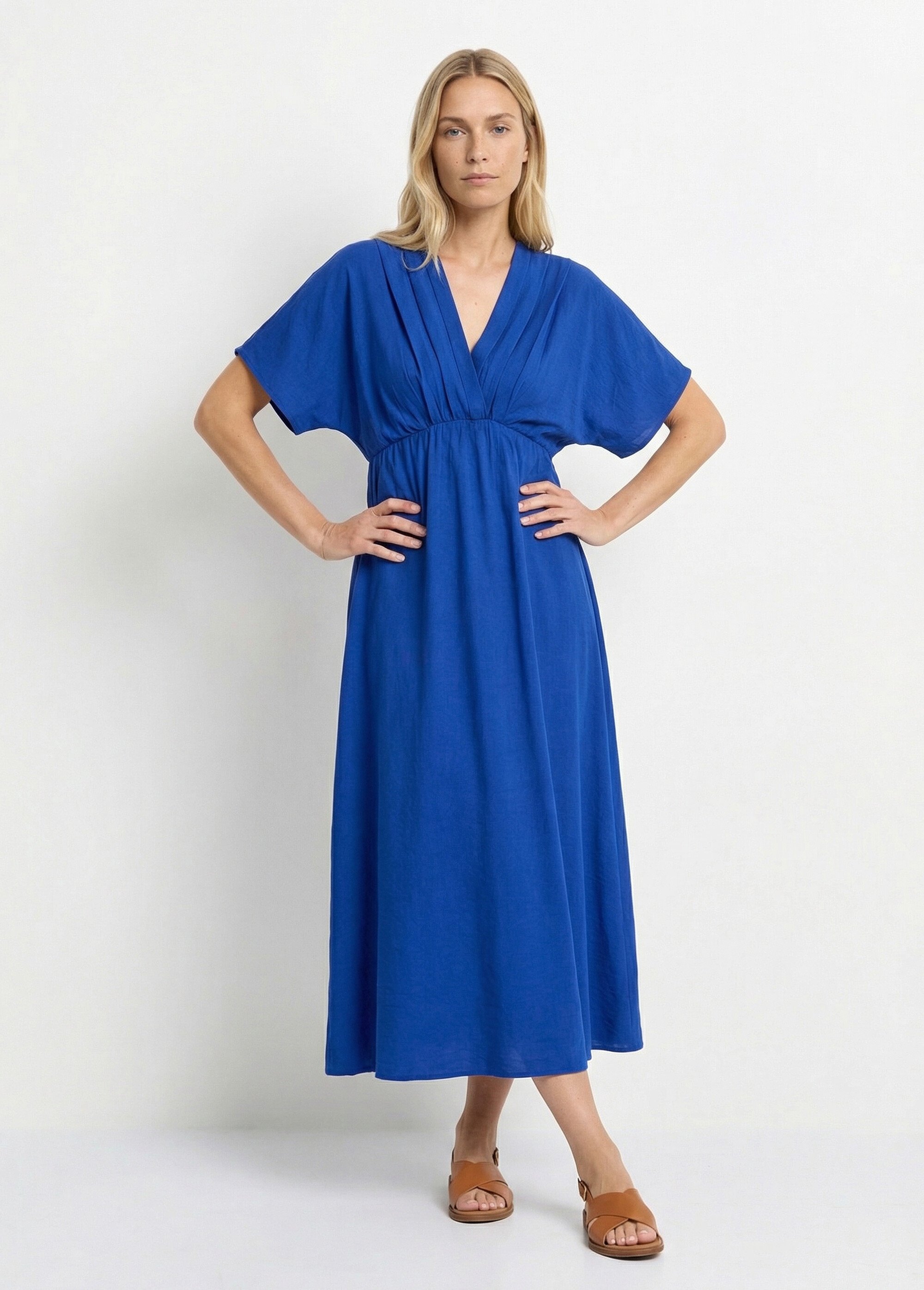 Robe longue col V plissé devant et dos Femme Bleu IKB-81015 FA1