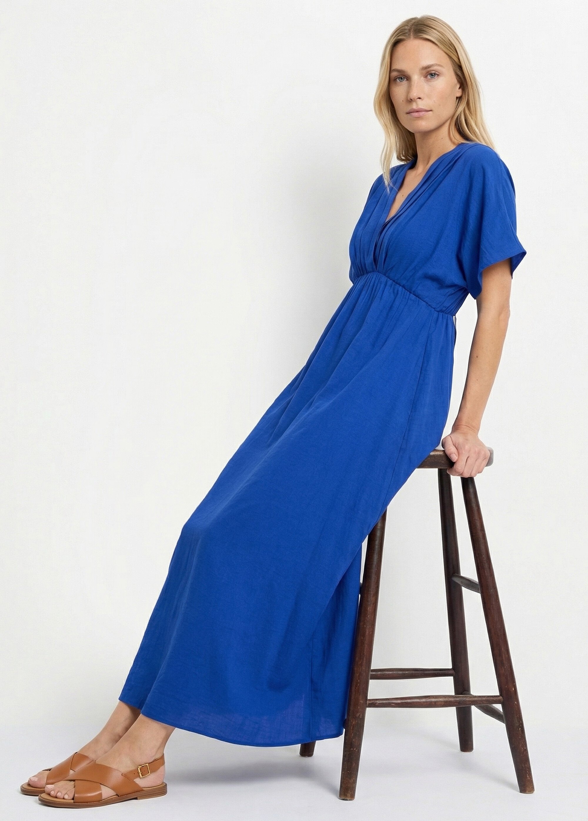 Robe longue col V plissé devant et dos Femme Bleu IKB-81015 MV1