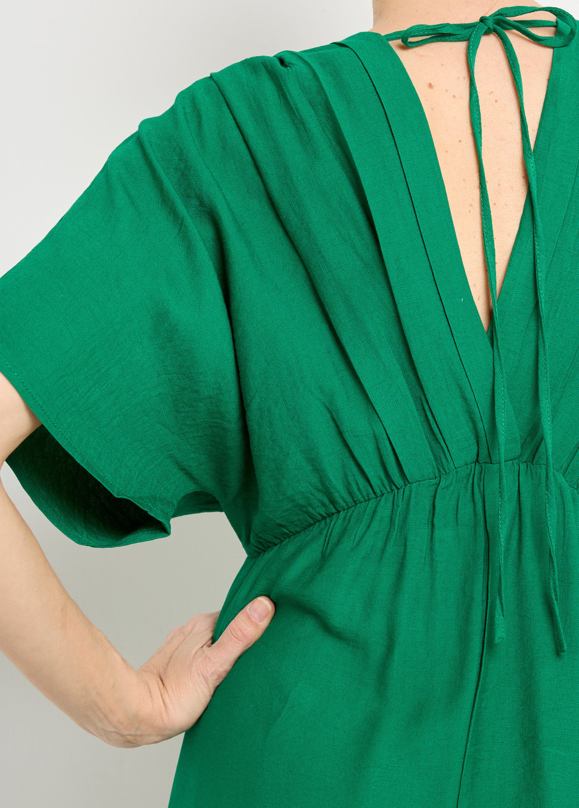 Robe longue col V plissé devant et dos Femme Vert IKB-81015 DE2