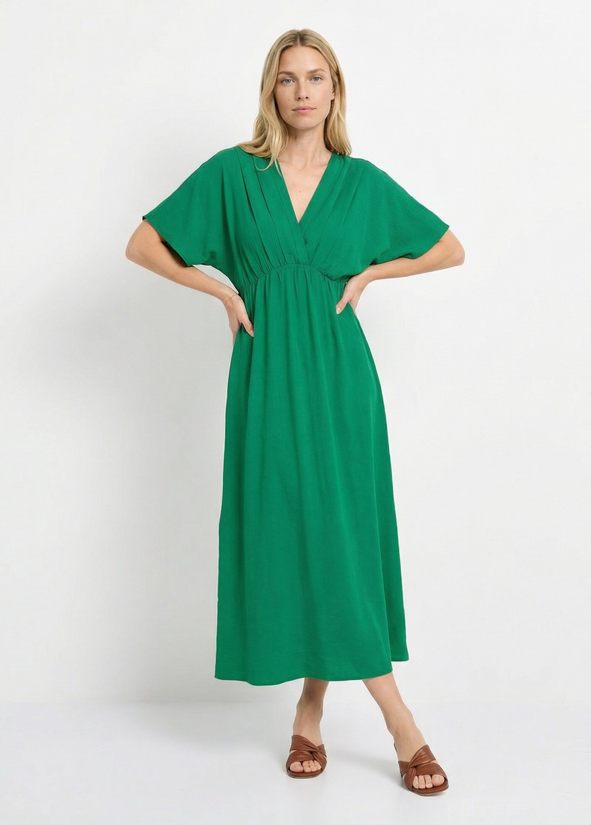 Robe longue col V plissé devant et dos Femme Vert IKB-81015 FA1