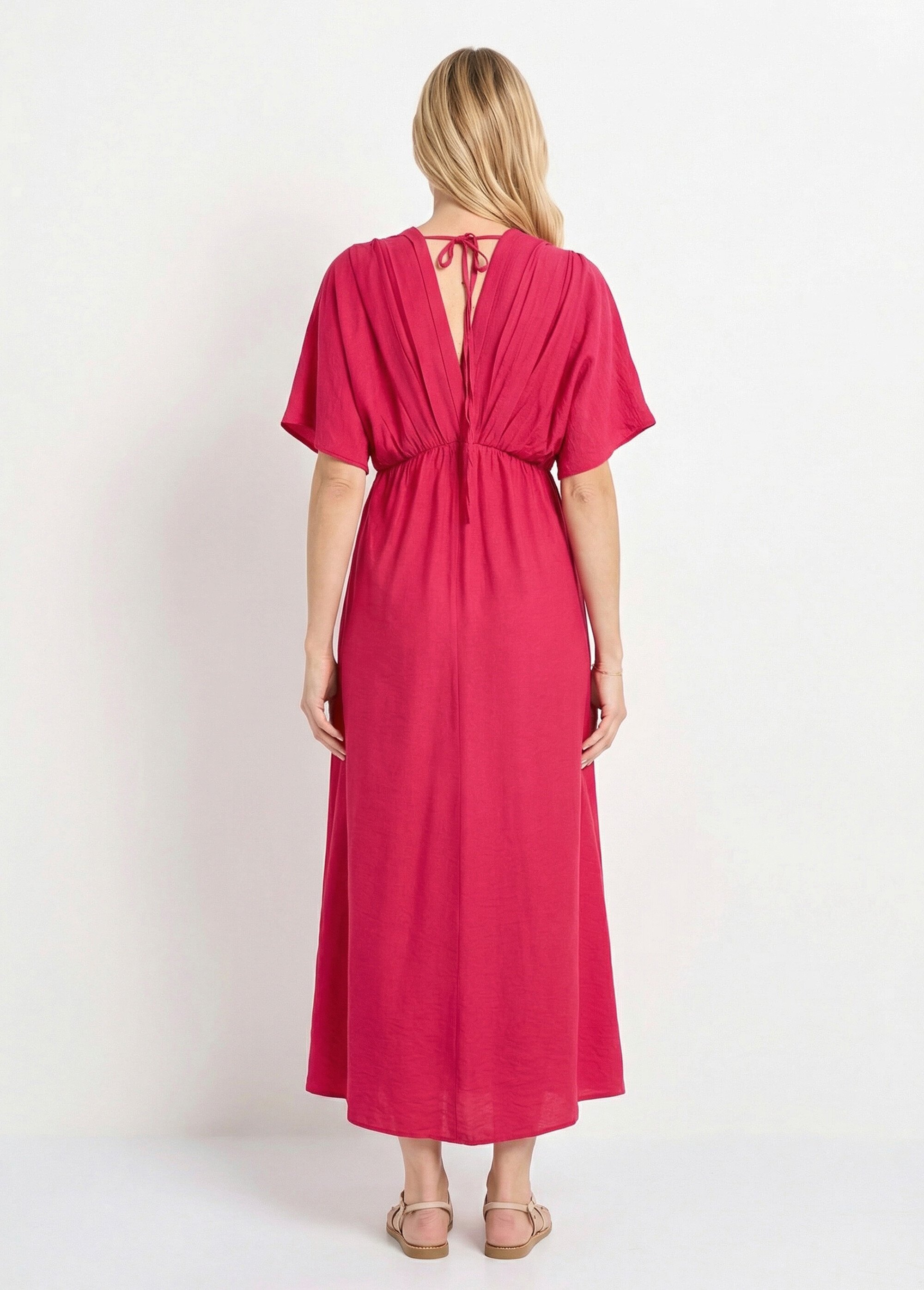 Robe longue col V plissé devant et dos