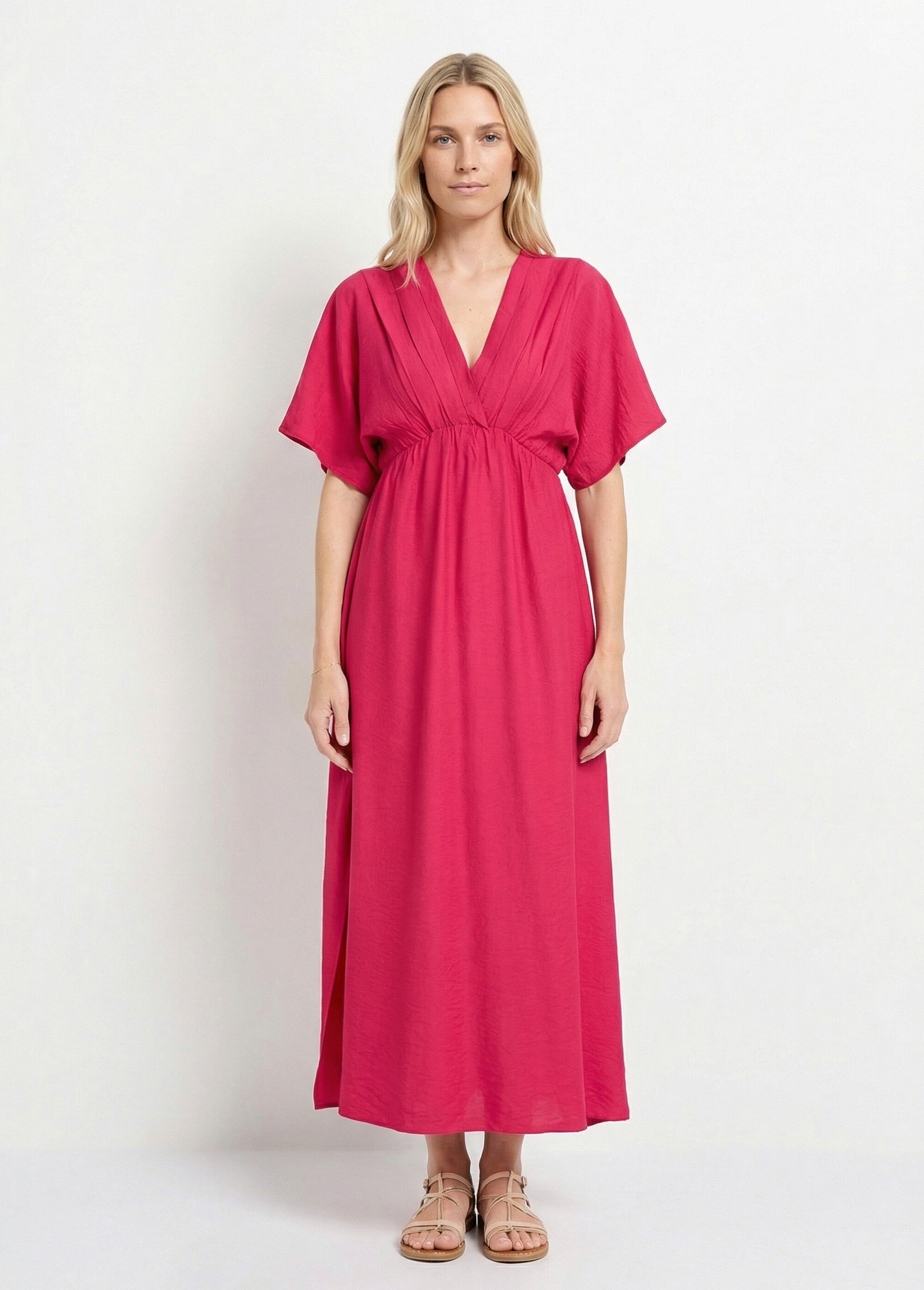 Robe longue col V plissé devant et dos Femme Rose IKB-81015 FA1