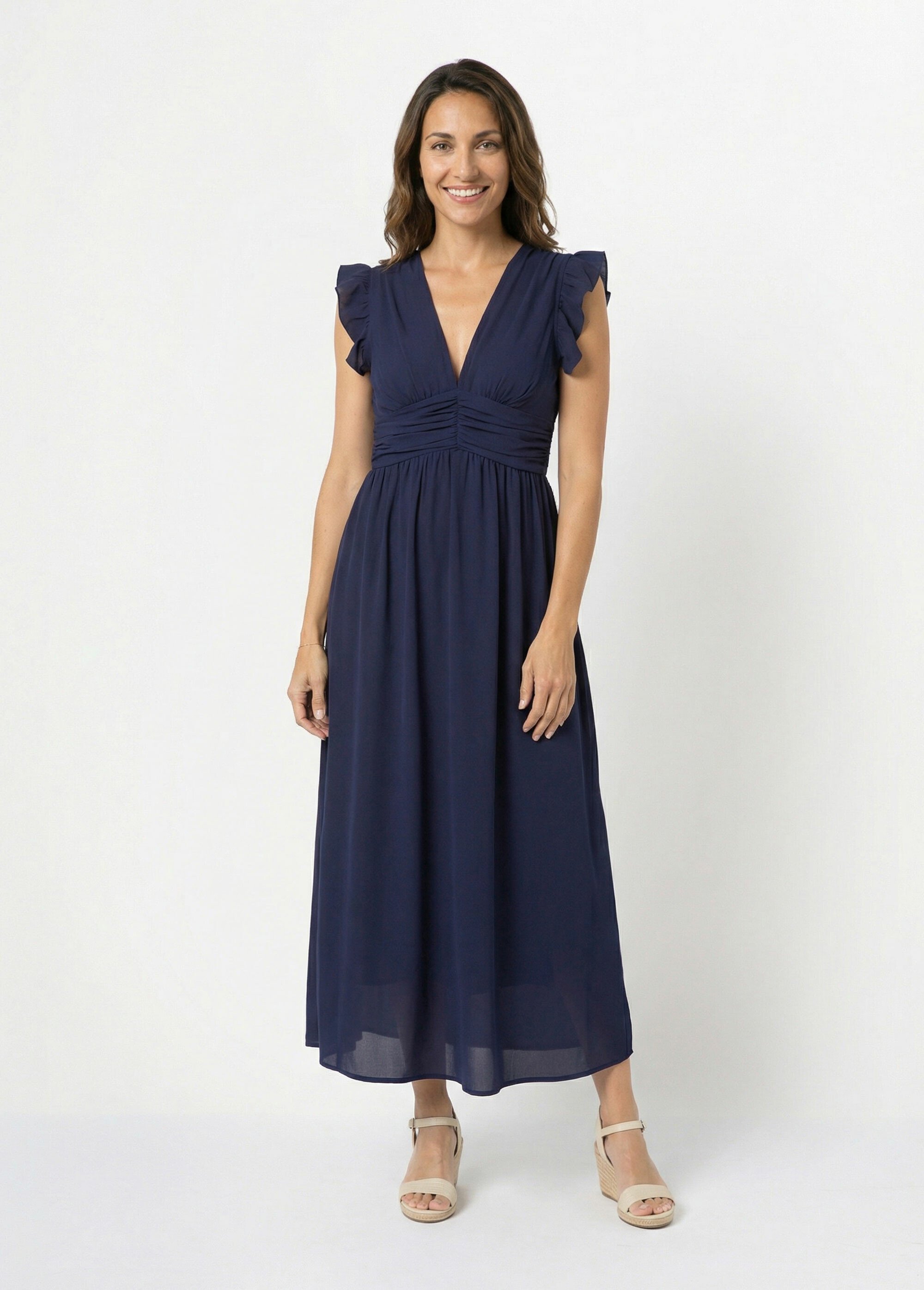 Robe longue sans manches taille plissée Femme Bleu IKB-81365 FA1