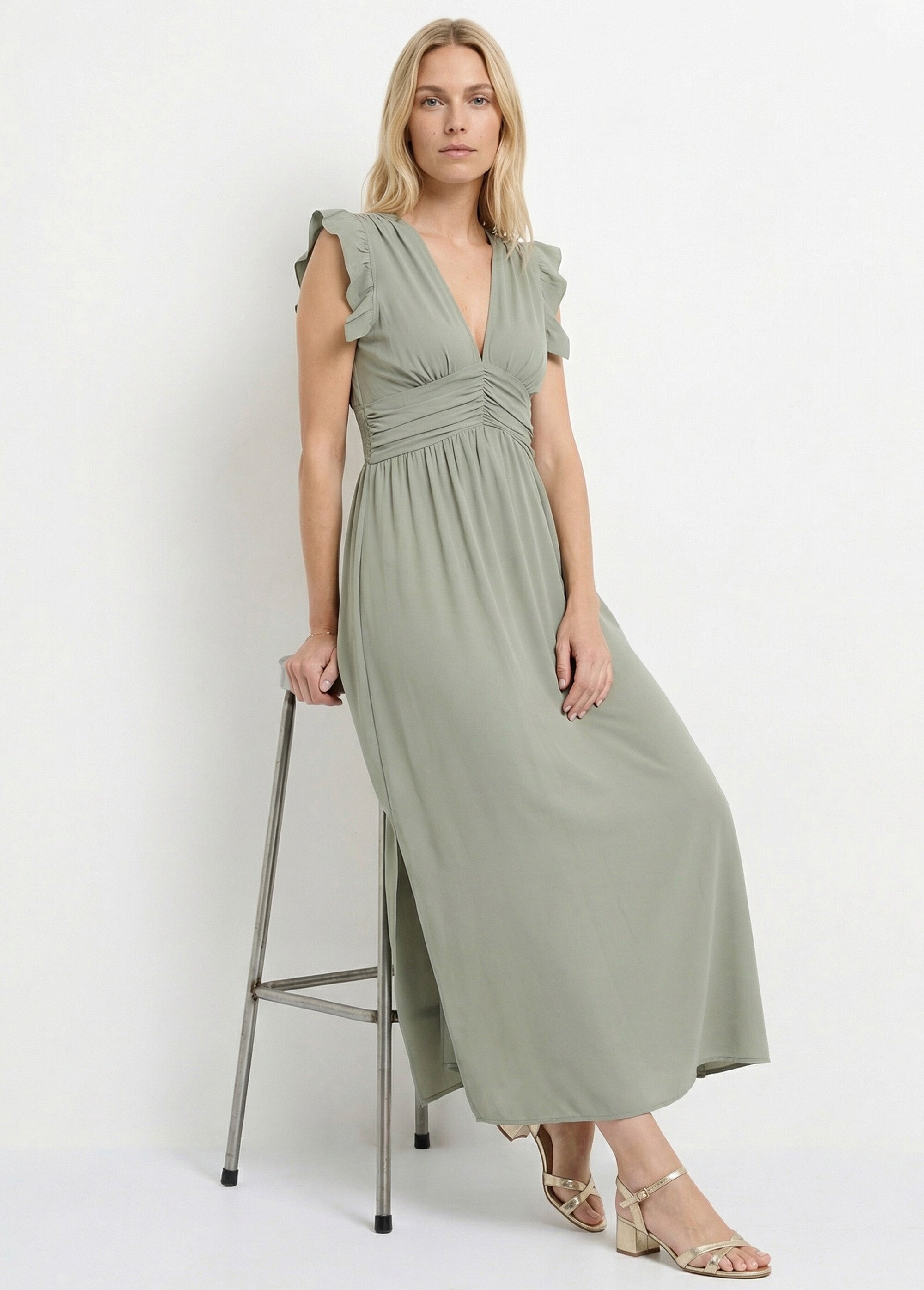 Robe longue sans manches taille plissée Femme Vert IKB-81365 MV1