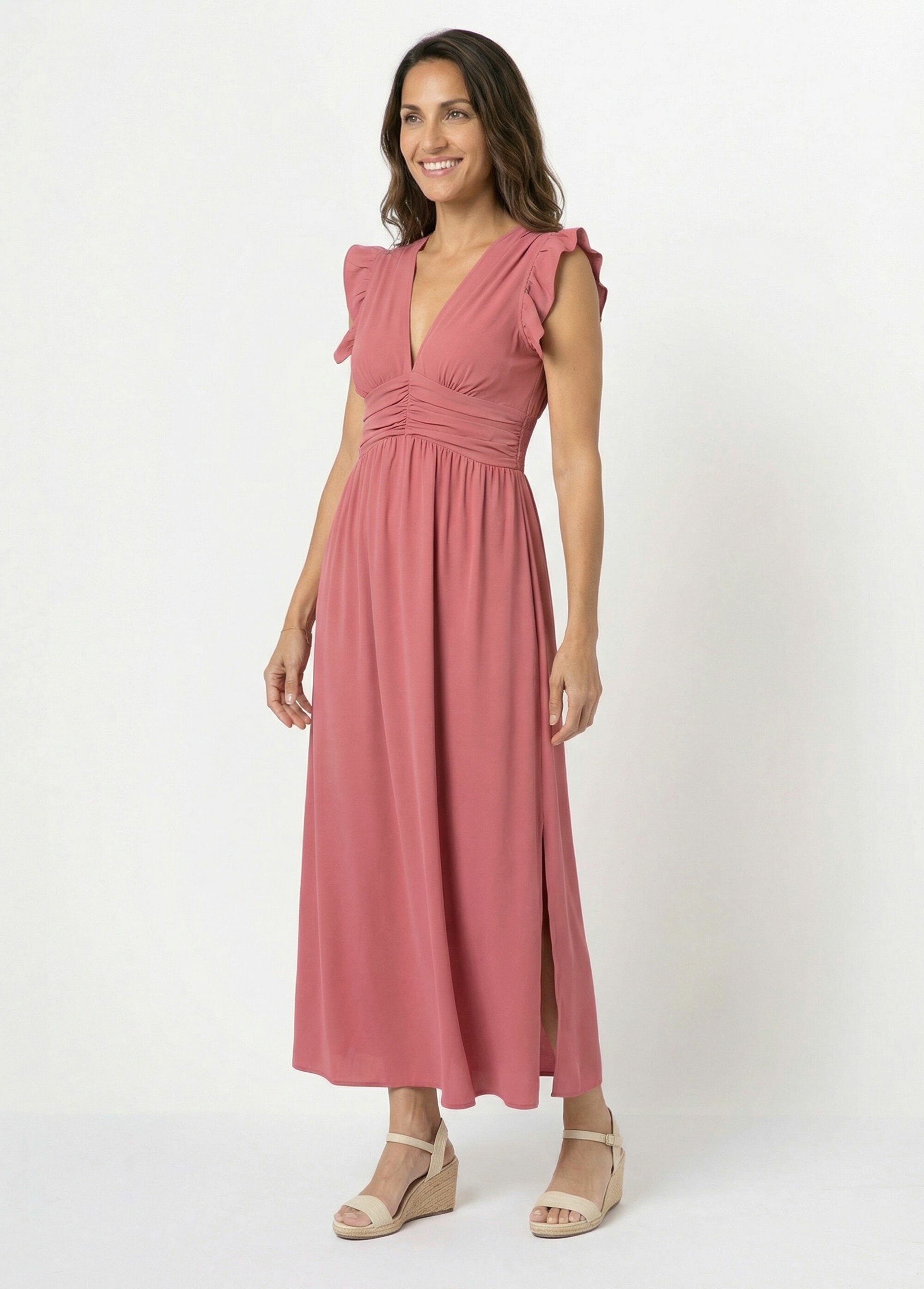 Robe longue sans manches taille plissée Femme Rose IKB-81365 FA1
